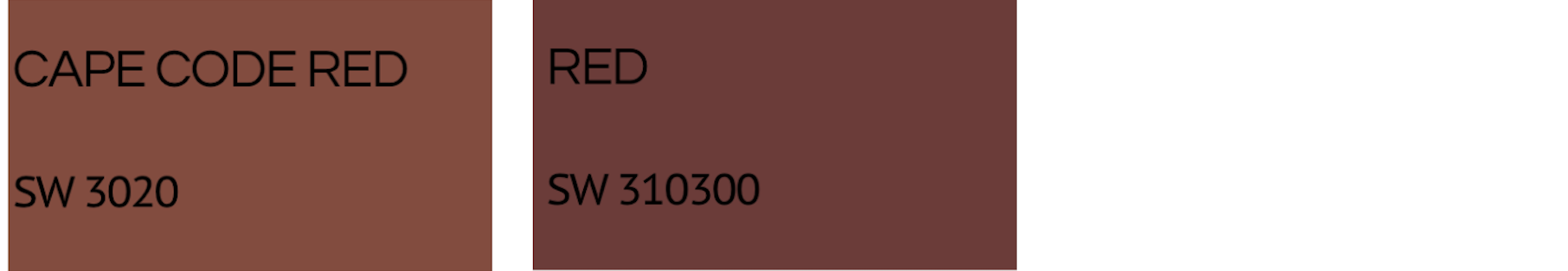 Color swatches with text labels showing 'Cape Code Red' and 'Red' with specific color codes 'SW 3020' and 'SW 310300'.