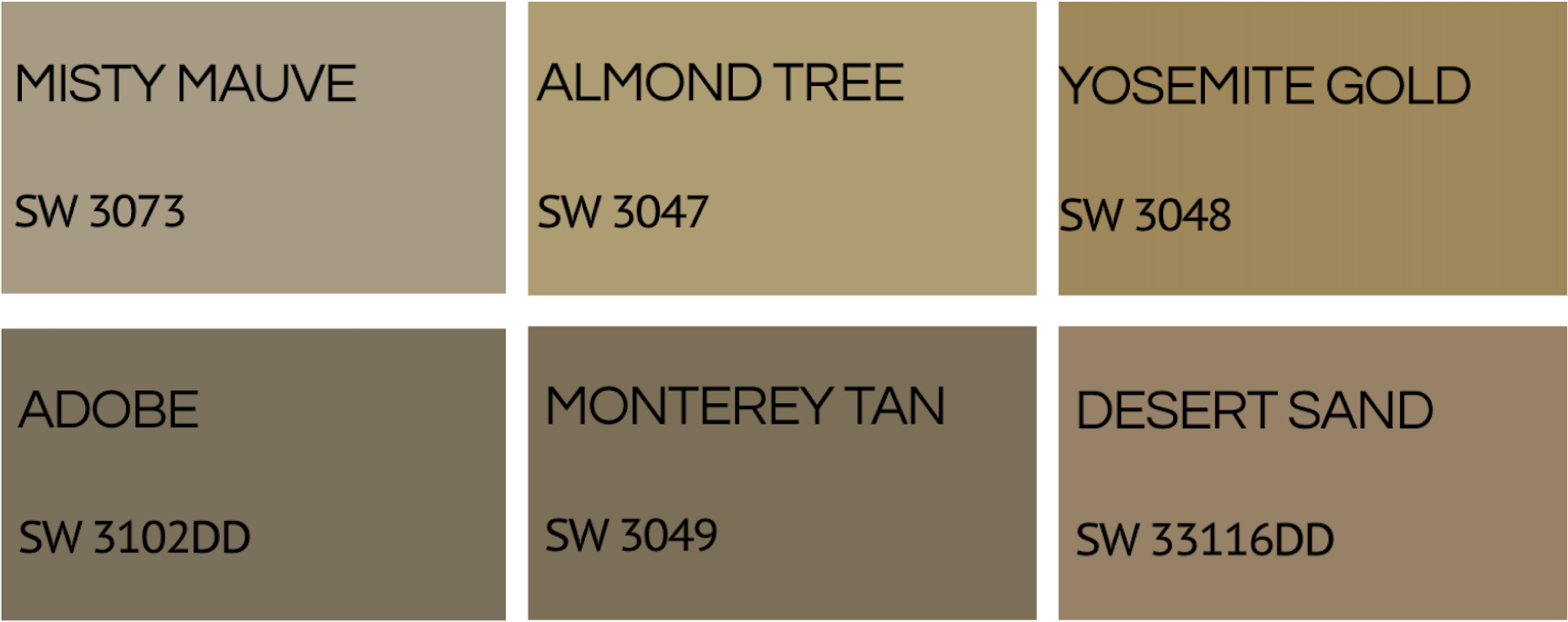 Color palette with six shades labeled as Misty Mauve, Almond Tree, Yosemite Gold, Adobe, Monterey Tan, and Desert Sand, each with their respective codes.