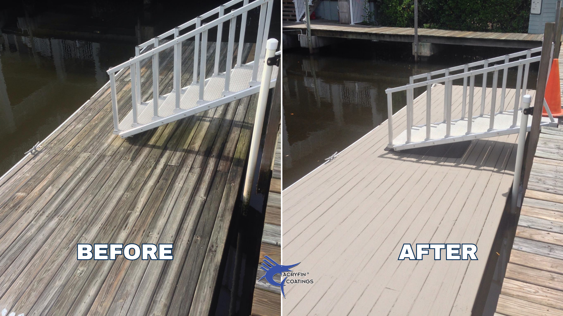 Comparison of a wooden dock before and after cleaning and coating, showing the wood surface transformed from weathered and stained to clean and freshly painted, with a white railing and water below.