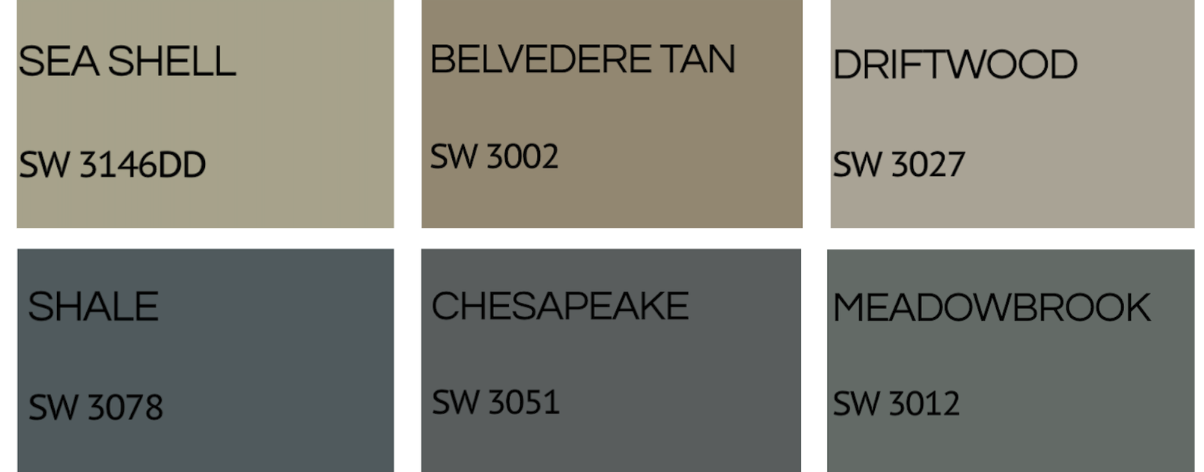 Color palette chart with six shades named Sea Shell, Belvedere Tan, Driftwood, Shale, Chesapeake, and Meadowbrook, each with a color code.