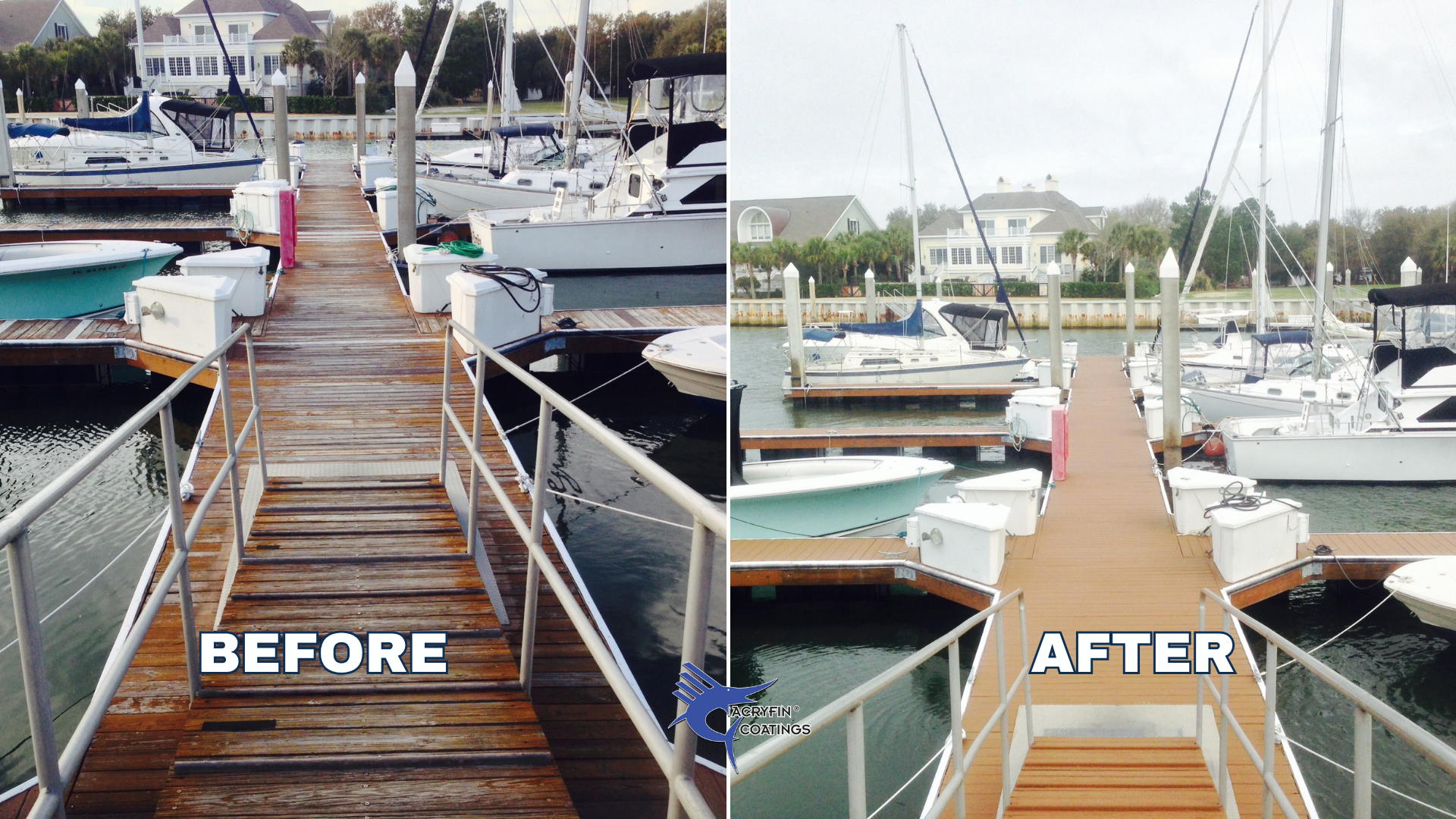 Side-by-side comparison of a wooden boat dock before and after being coated with a protective coating. The "before" side shows a dull, weathered wooden surface, while the "after" side has a smooth, shiny, and darker wood finish.