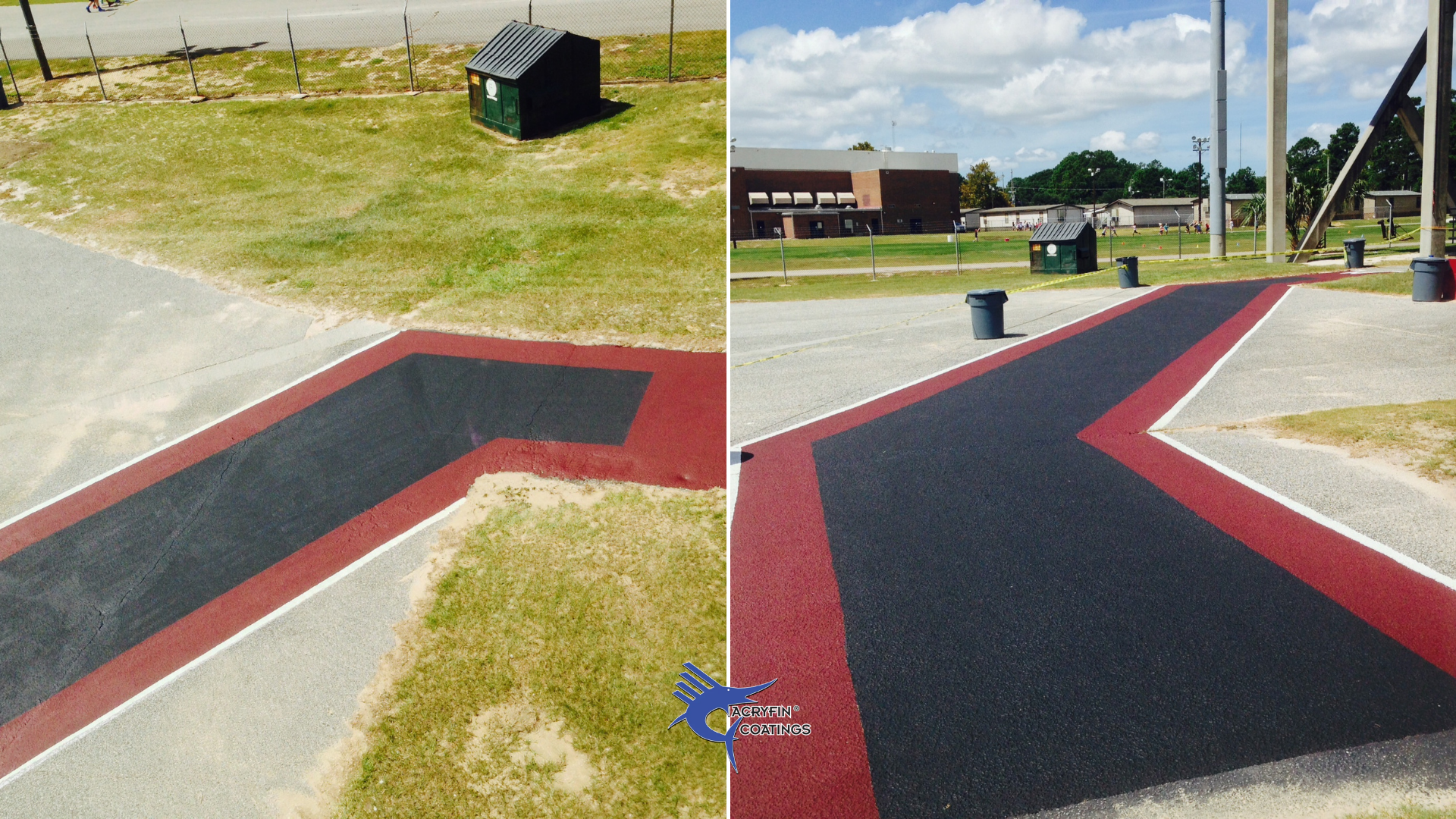 Side-by-side comparison of a swing area with a black and red painted surface, showing before and after scenes. The left side displays a worn and cracked painted area with adjacent grass, while the right side shows a freshly painted, clean, and vibrant surface with parking cones and trash cans nearby.