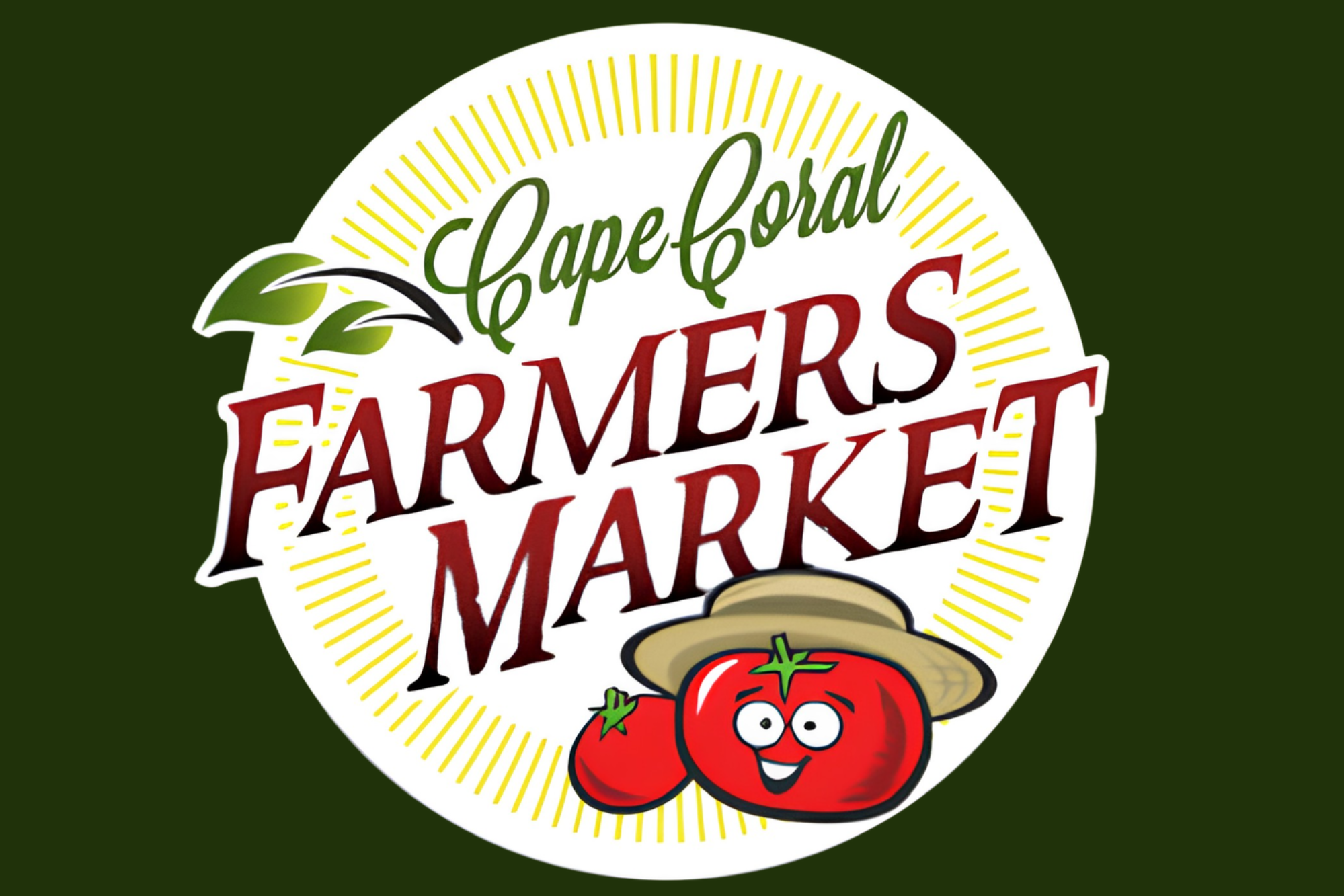 A sign for the Cape Coral Farmers Market with a cartoon tomato character wearing a straw hat.