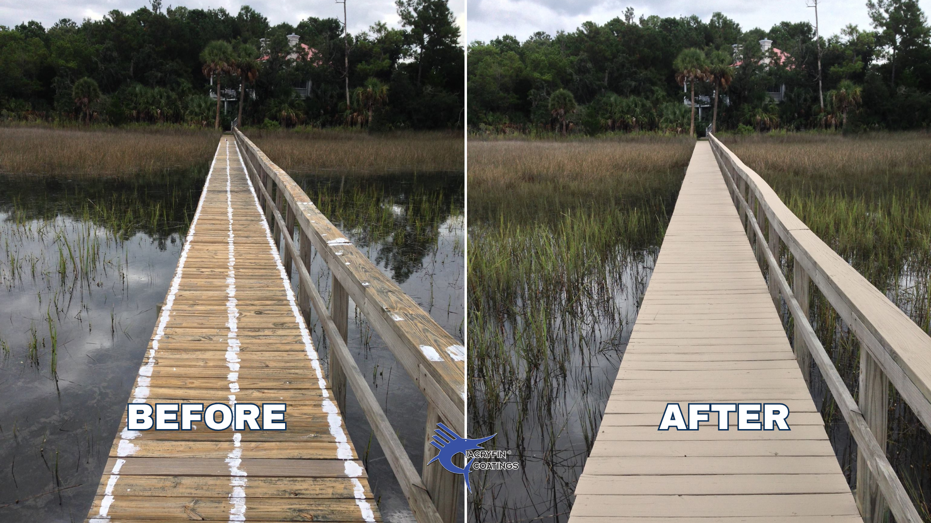 Comparison of a weathered wooden bridge on the left labeled 'Before' with a newly coated bridge on the right labeled 'After' in a marshy area with water and marsh plants, surrounded by trees.