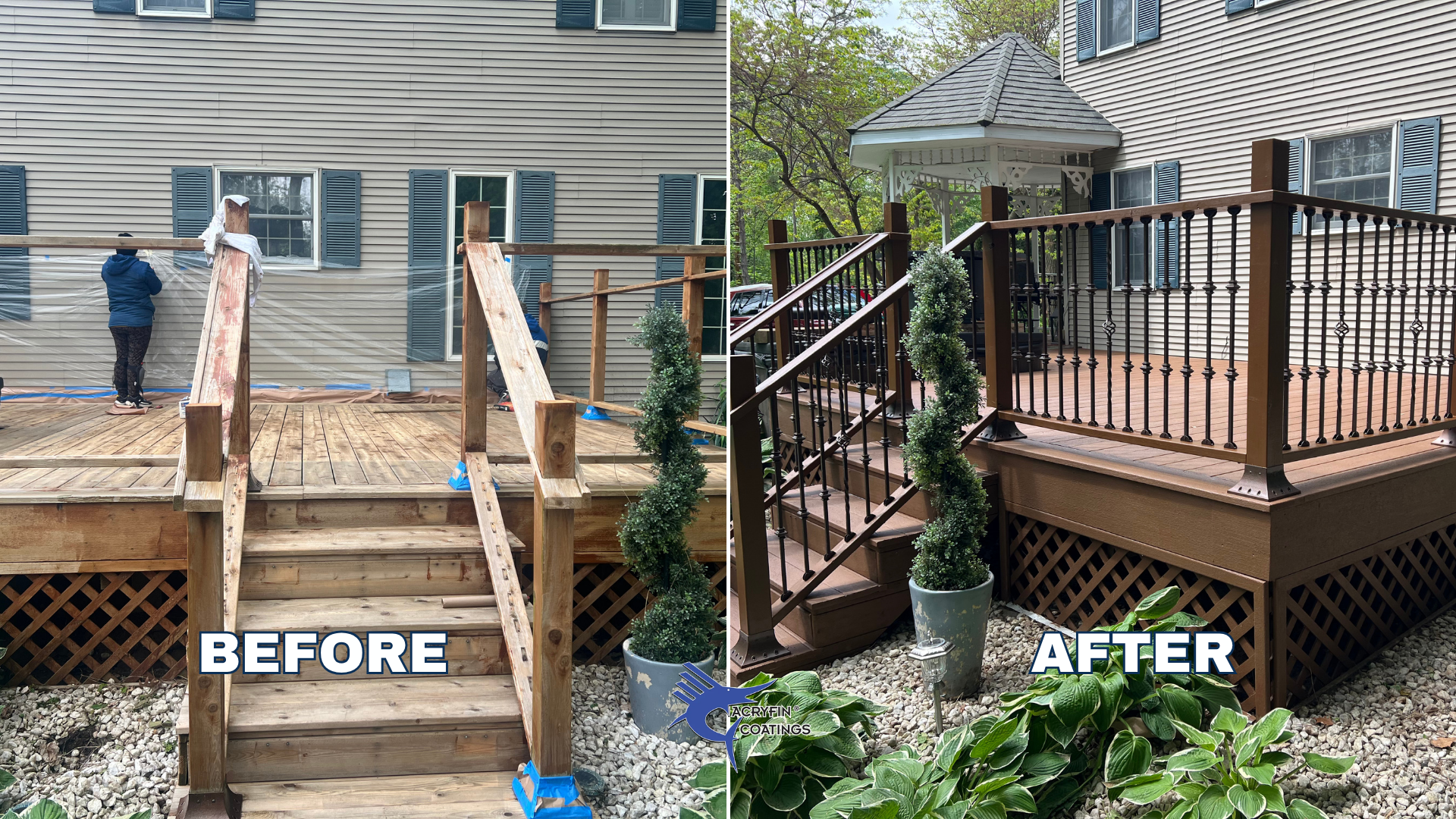 Comparison of a wooden porch before and after coating. The left side shows an unfinished wooden deck with scaffolding and workers, while the right side displays a finished, stained deck with decorative railing and plants.