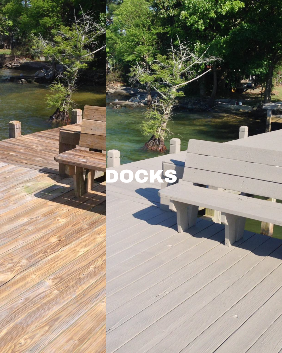 Comparison of a wooden dock and a painted dock with a tree in the water, with the word 'DOCKS' overlaid.