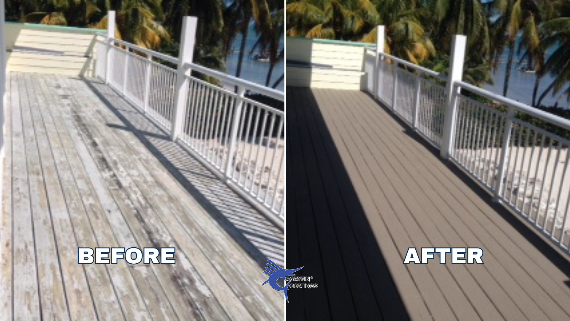 Side-by-side comparison of a wooden deck before and after cleaning or refinishing, with the before showing weathered, faded wood and the after showing fresh, stained wood. Palm trees and water are visible in the background.