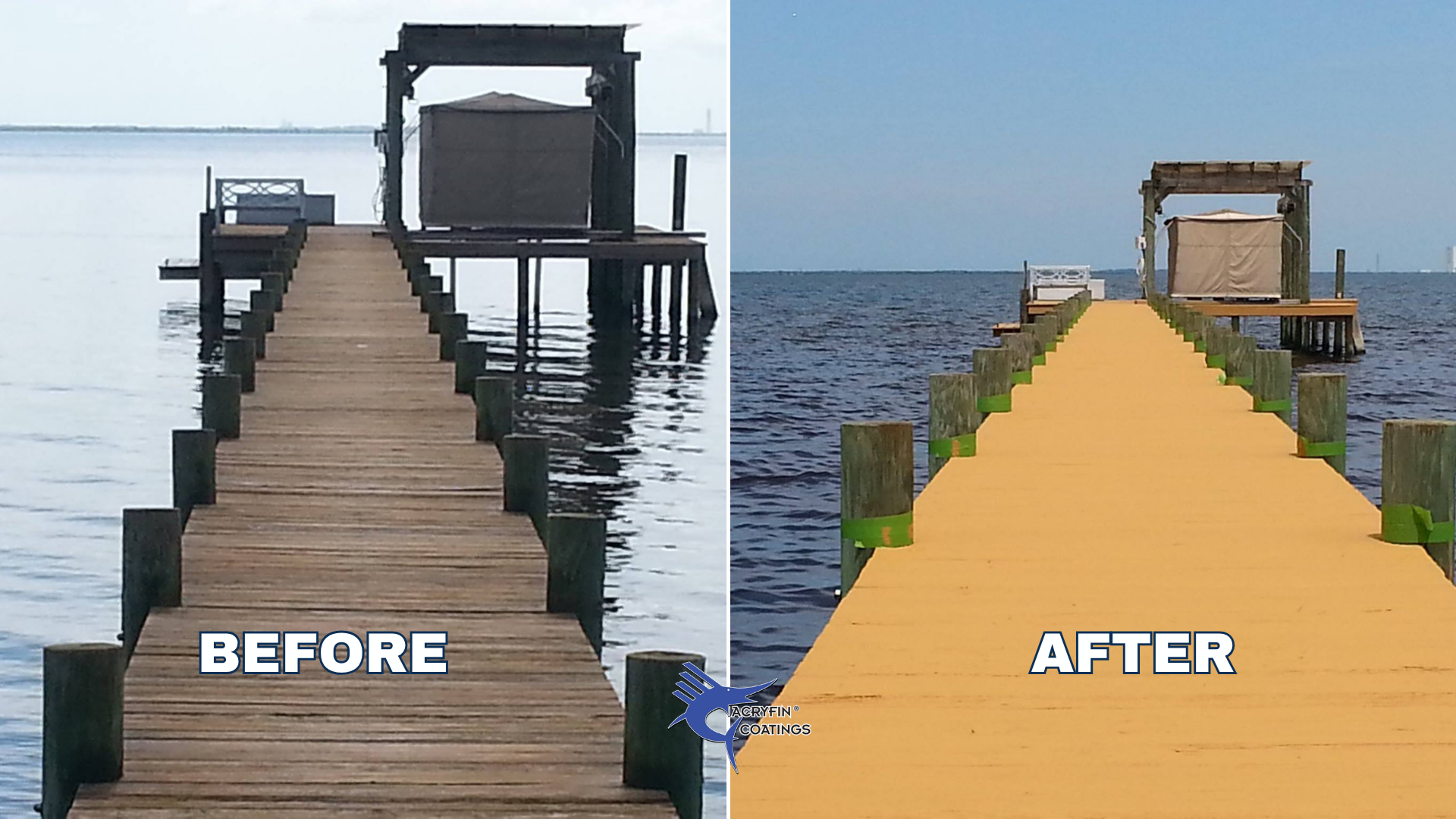Comparison of a wooden dock before and after applying a bright yellow coating. The left side shows a weathered wooden dock, while the right side shows the same dock painted bright yellow. Both docks extend over water with pilings on each side.