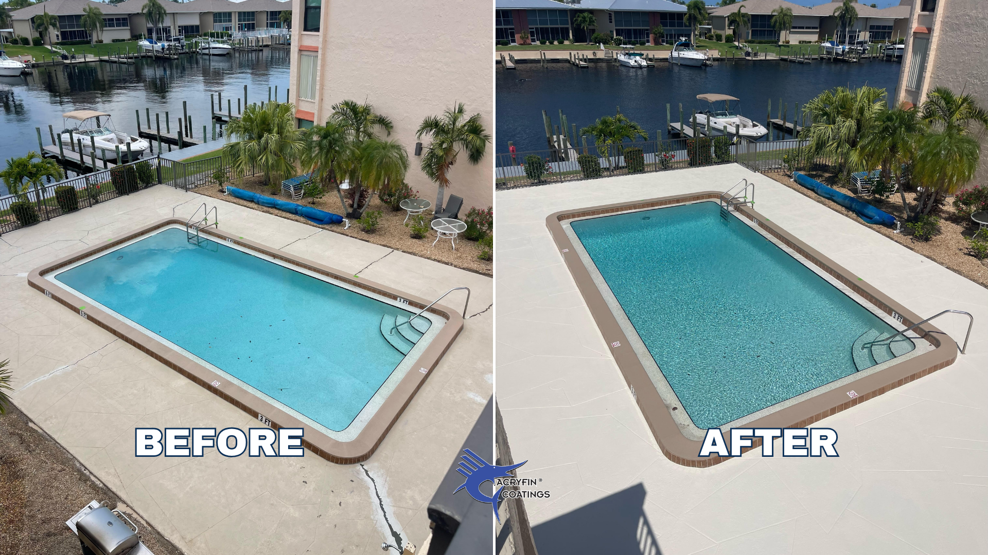 Comparison image showing a before-and-after view of a swimming pool with surrounding patio. In the before image, the pool water is dull and cloudy. In the after image, the pool water is clear and blue, indicating it has been cleaned or treated. The p