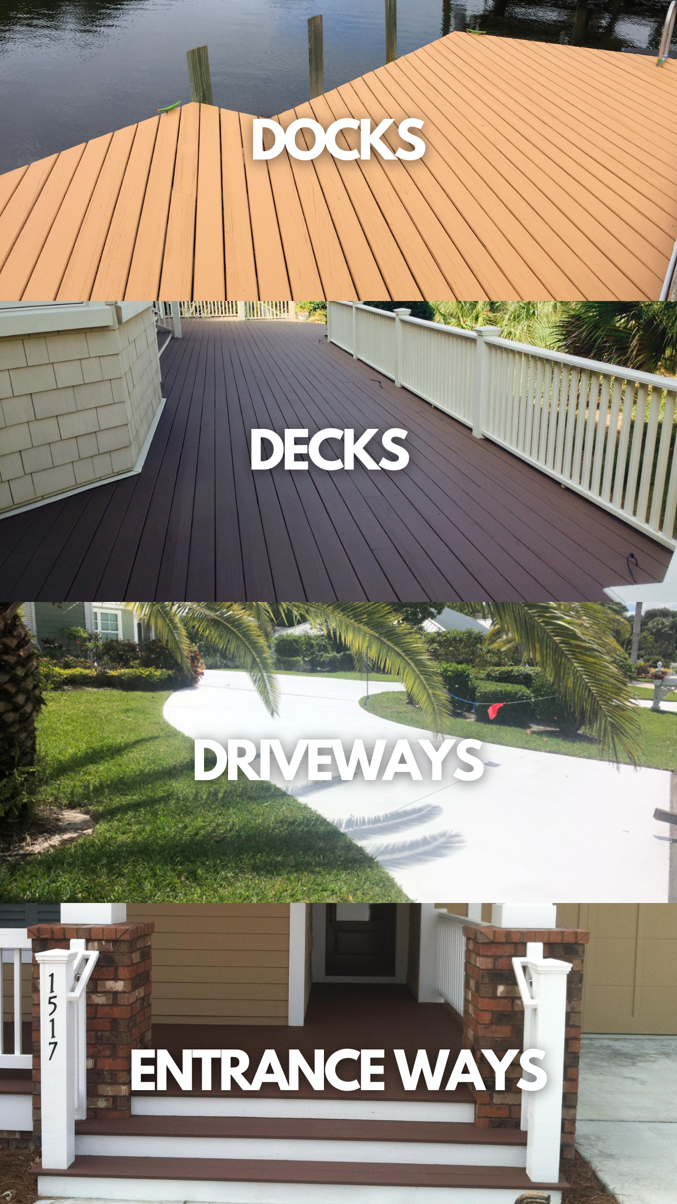 Image showing a split view with the top half labeled 'Docks' featuring a wooden deck by the water, and the bottom half labeled 'Driveways' showing a concrete driveway leading to a house entrance.