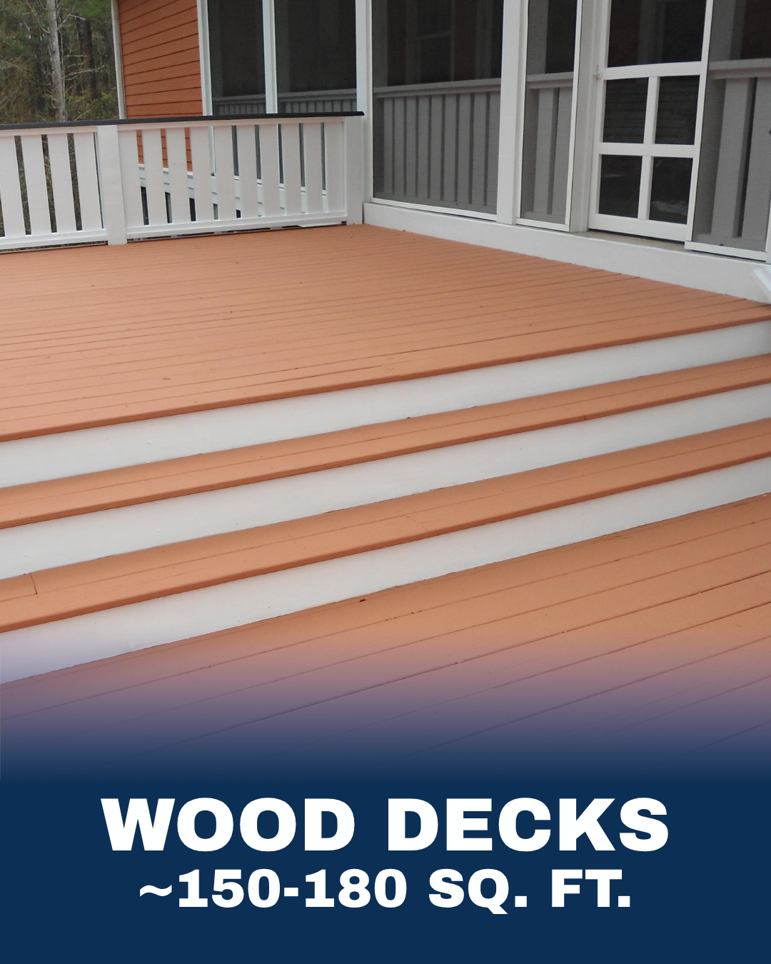 Photo of a wooden deck attached to a house with white railings and screen-enclosed porch, with stairs leading down from the deck.