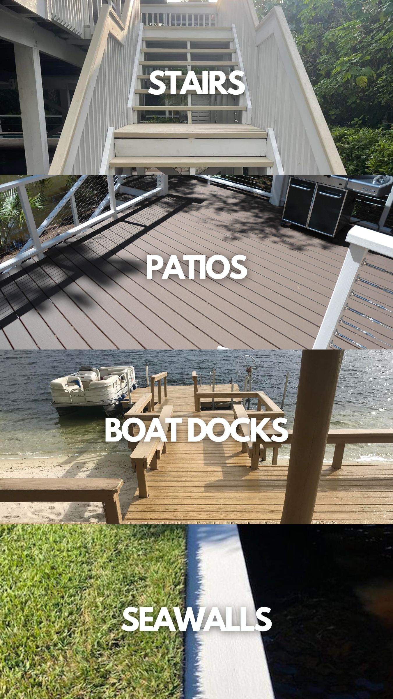Comparison of different types of outdoor structures: stairs leading up to a deck, boat docks on a body of water, and seawalls along the shoreline.