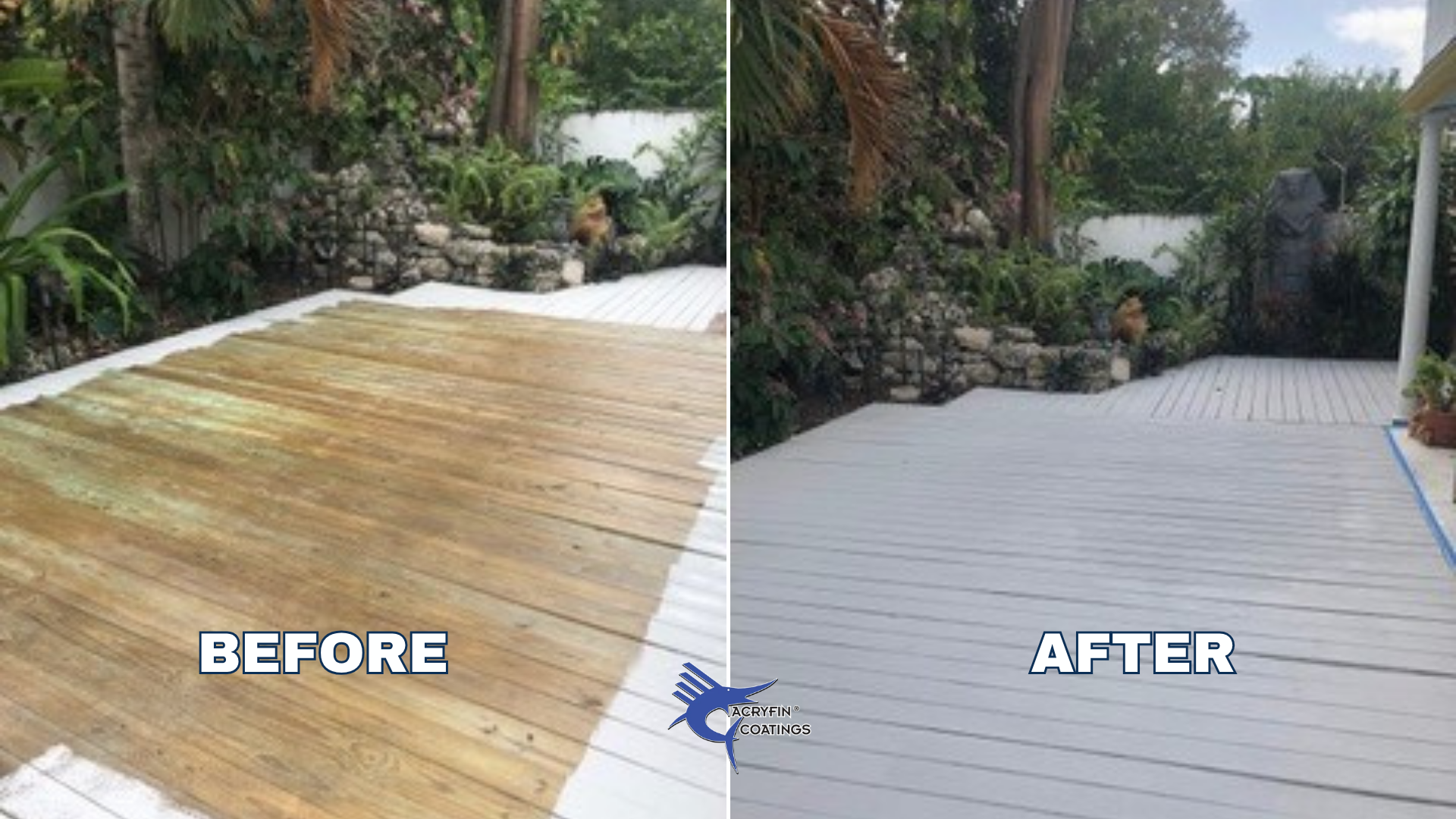Comparison of a wooden deck before and after being coated. The 'before' side shows a weathered, discolored wooden surface, while the 'after' side shows a clean, painted, and restored deck surface with a light gray color.