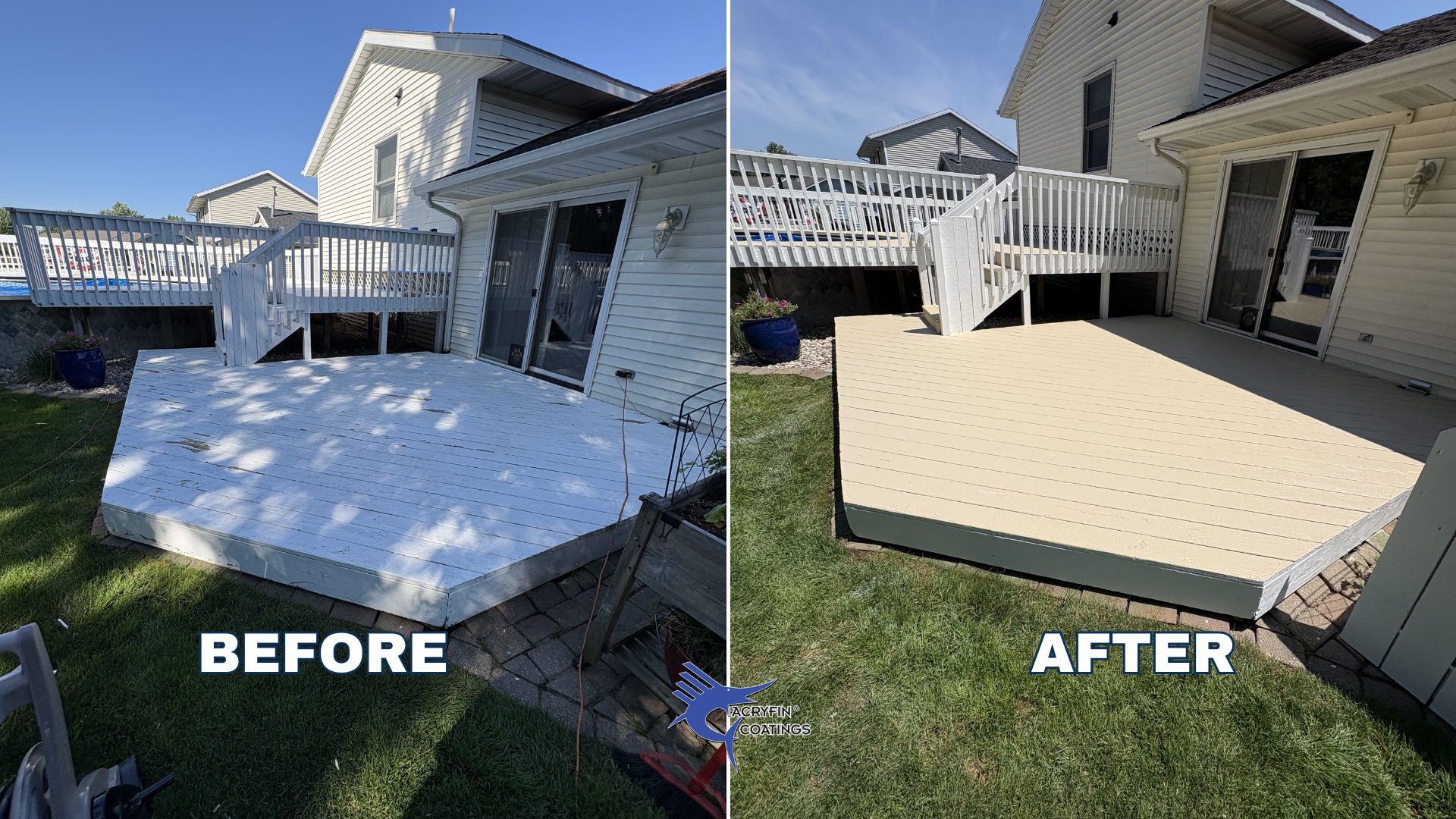 Side-by-side comparison of a house's back deck before and after cleaning and renovation. The 'before' image shows an old, white painted wooden deck with peeling paint and weathered appearance. The 'after' image shows a freshly painted tan-colored deck with clean, bright surfaces and a tidy appearance.