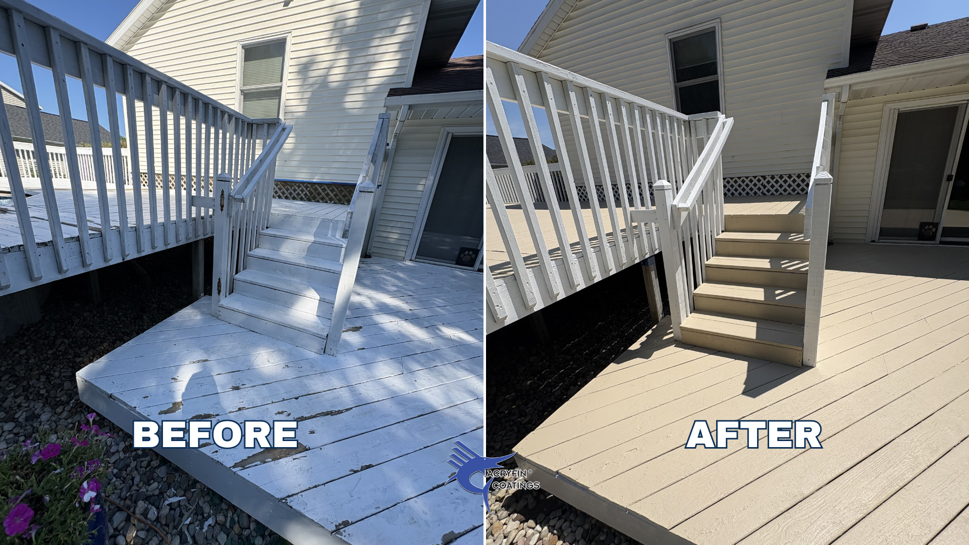 Side-by-side comparison of a wooden deck before and after a fresh coat of paint or stain. The 'before' side shows a weathered, peeling white deck with visible signs of wear, while the 'after' side displays a clean, smooth, light-colored deck with a f