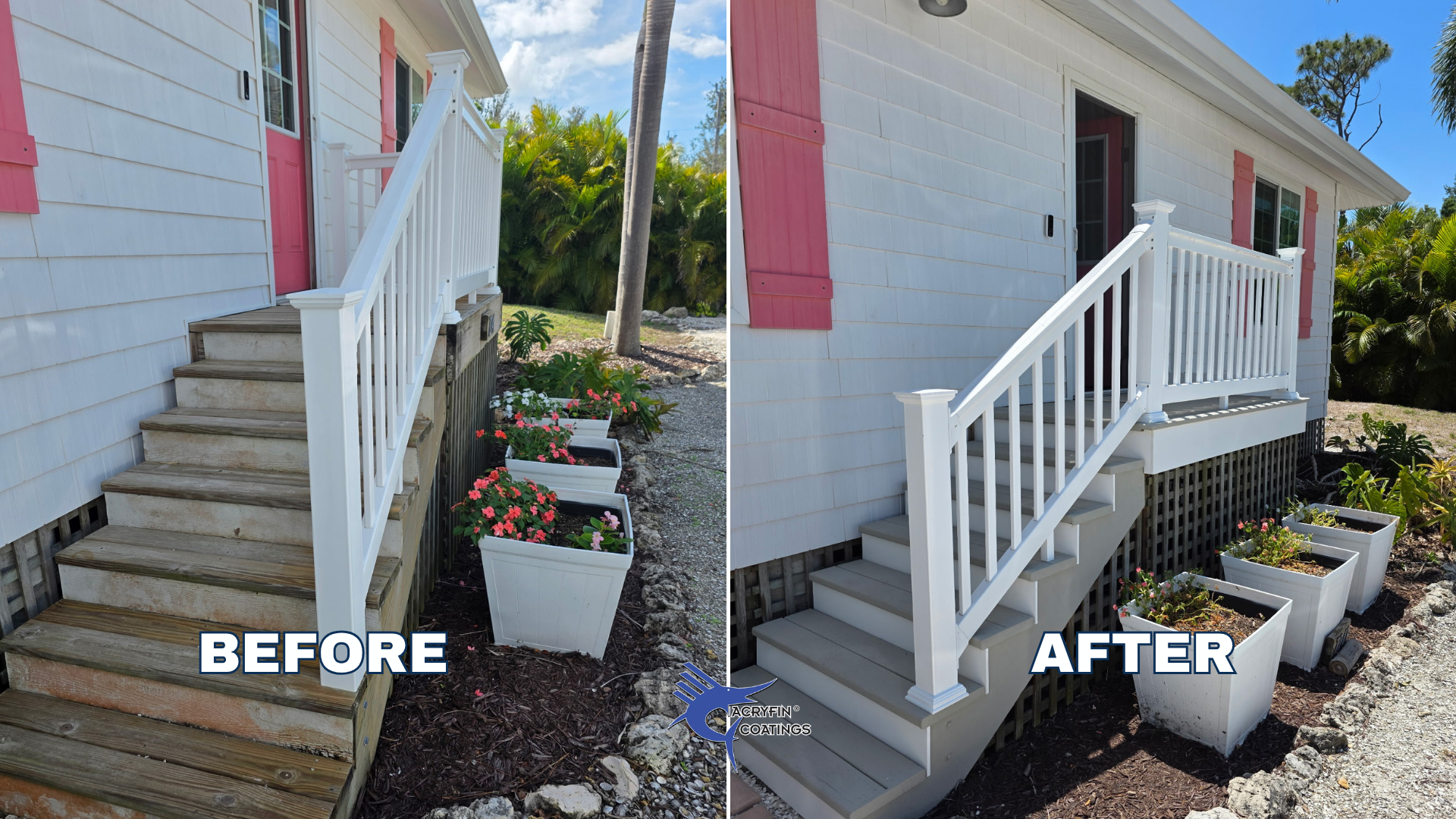 Side-by-side comparison of a house exterior before and after deck renovation. The "Before" side shows weathered wooden stairs with a white railing and pink shutters, while the "After" side displays freshly painted white stairs with matching railing a