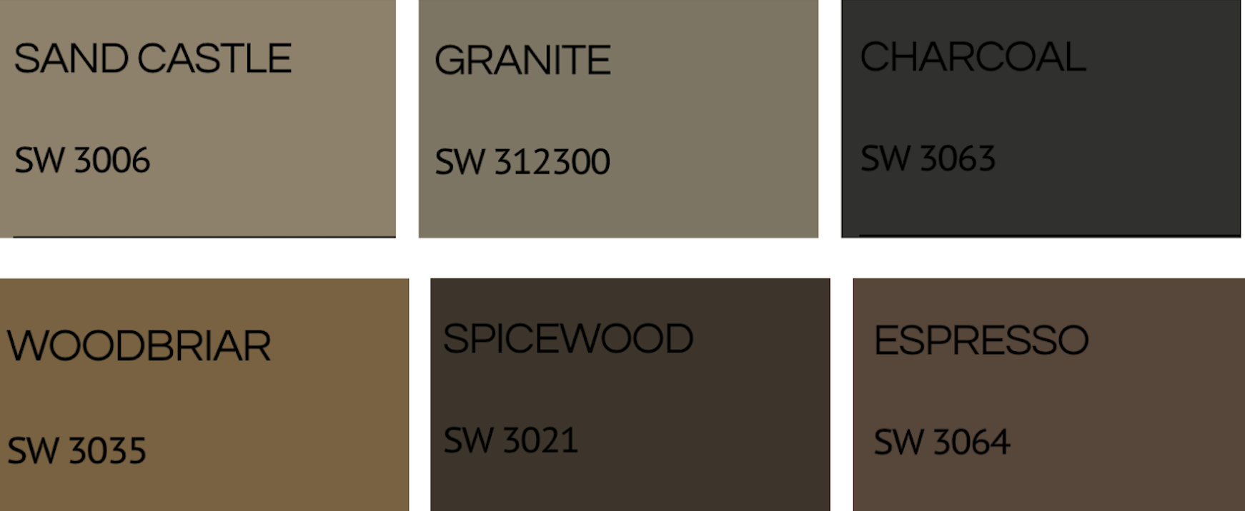 A color palette with six color swatches labeled Sand Castle, Granite, Charcoal, Woodbriar, Spicewood, and Espresso, each with their respective color codes.