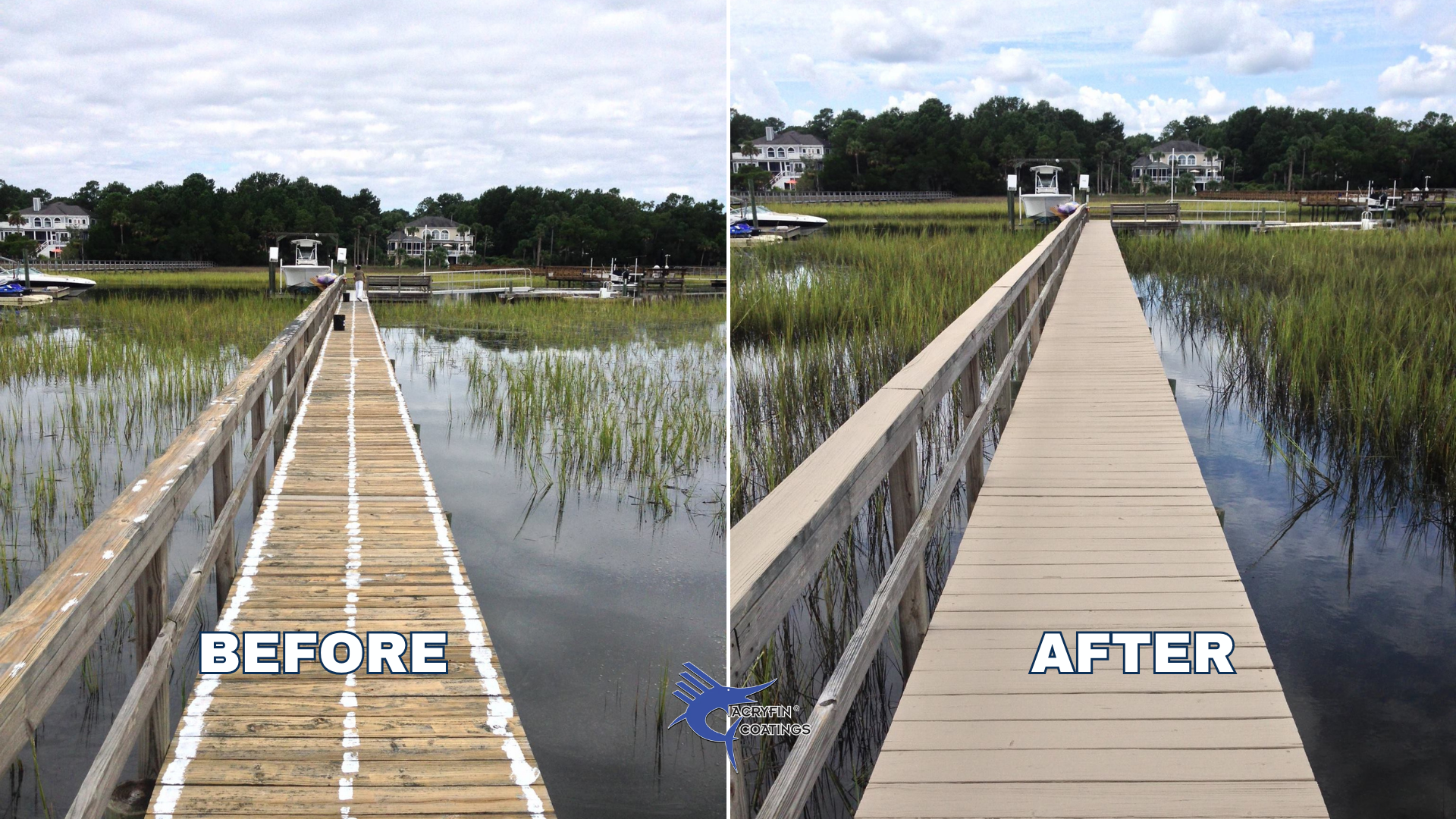 Before and after comparison of a wooden dock's surface. The 'before' side shows a weathered, old wooden surface with paint markings, while the 'after' side shows a clean, new wooden surface, both over water with tall grass and houses in the backgroun