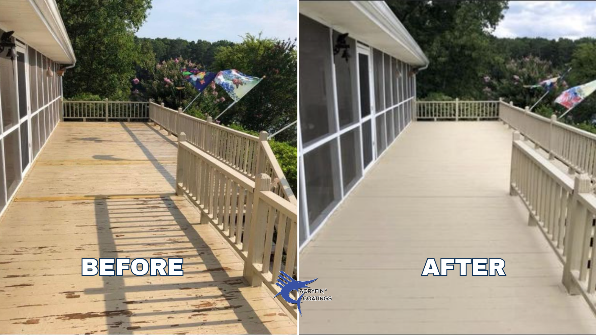 Side-by-side comparison of a wooden deck before and after being painted. The 'before' shows a weathered, peeling wood surface, while the 'after' features a smooth, freshly painted beige surface. The deck has a railing and is adjacent to a house with 