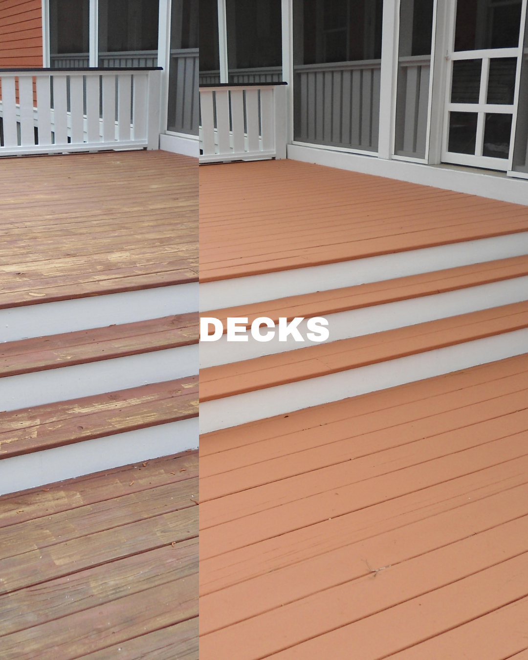 Side-by-side comparison of a weathered wooden deck before and after restoration, showing the transformation from old, worn wood to a fresh, painted surface with the word 'DECKS' overlaid.
