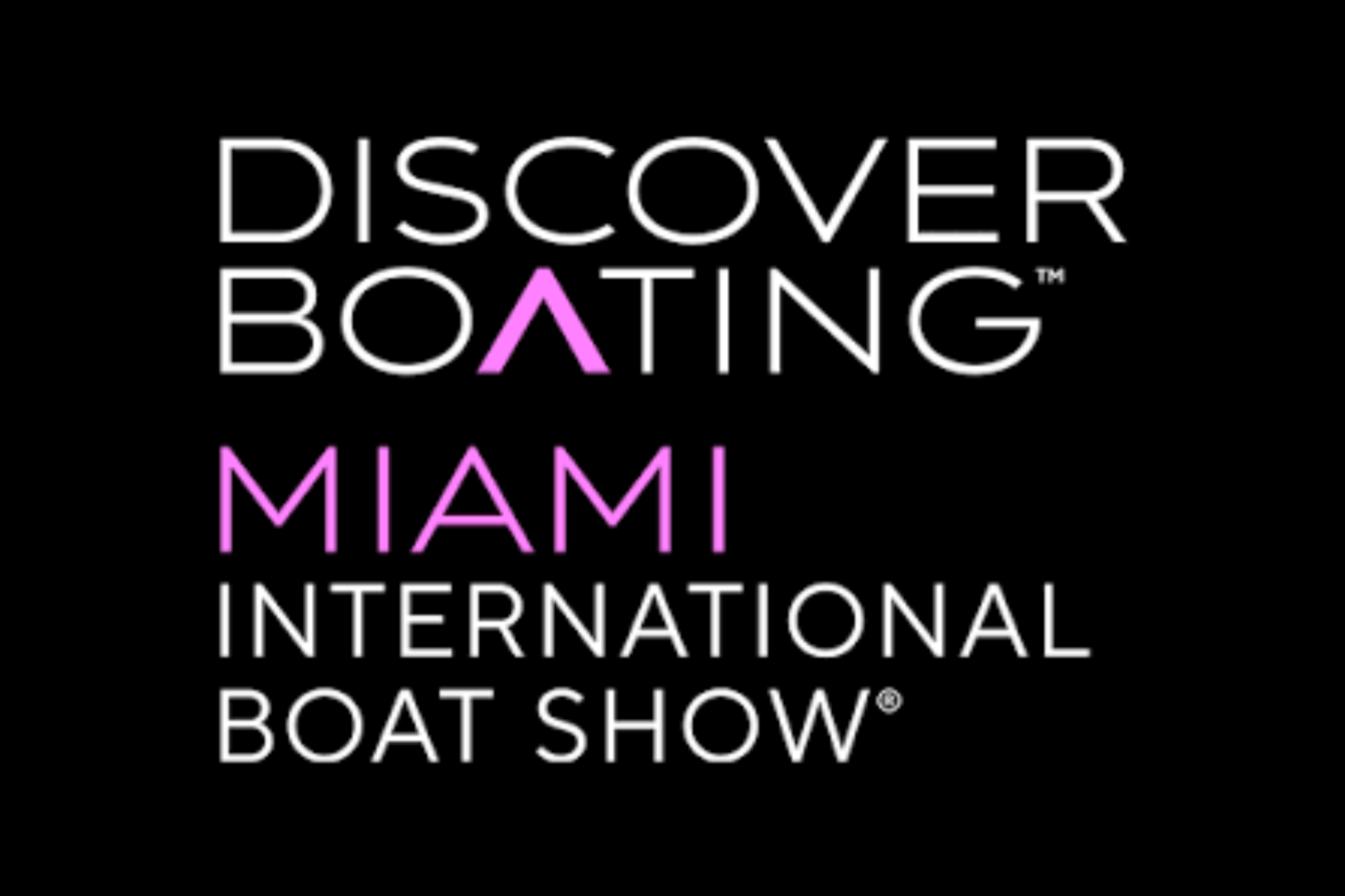 Logo for the Miami International Boat Show with the words 'Discover Boating' and 'Miami' in pink, against a black background.