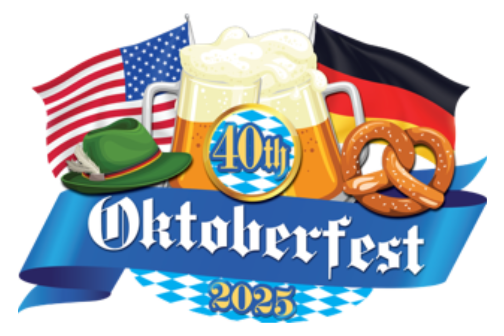 Celebrating Oktoberfest 2025 with German and American flags, beer mugs, a pretzel, a traditional green hat, and a 40th anniversary badge.