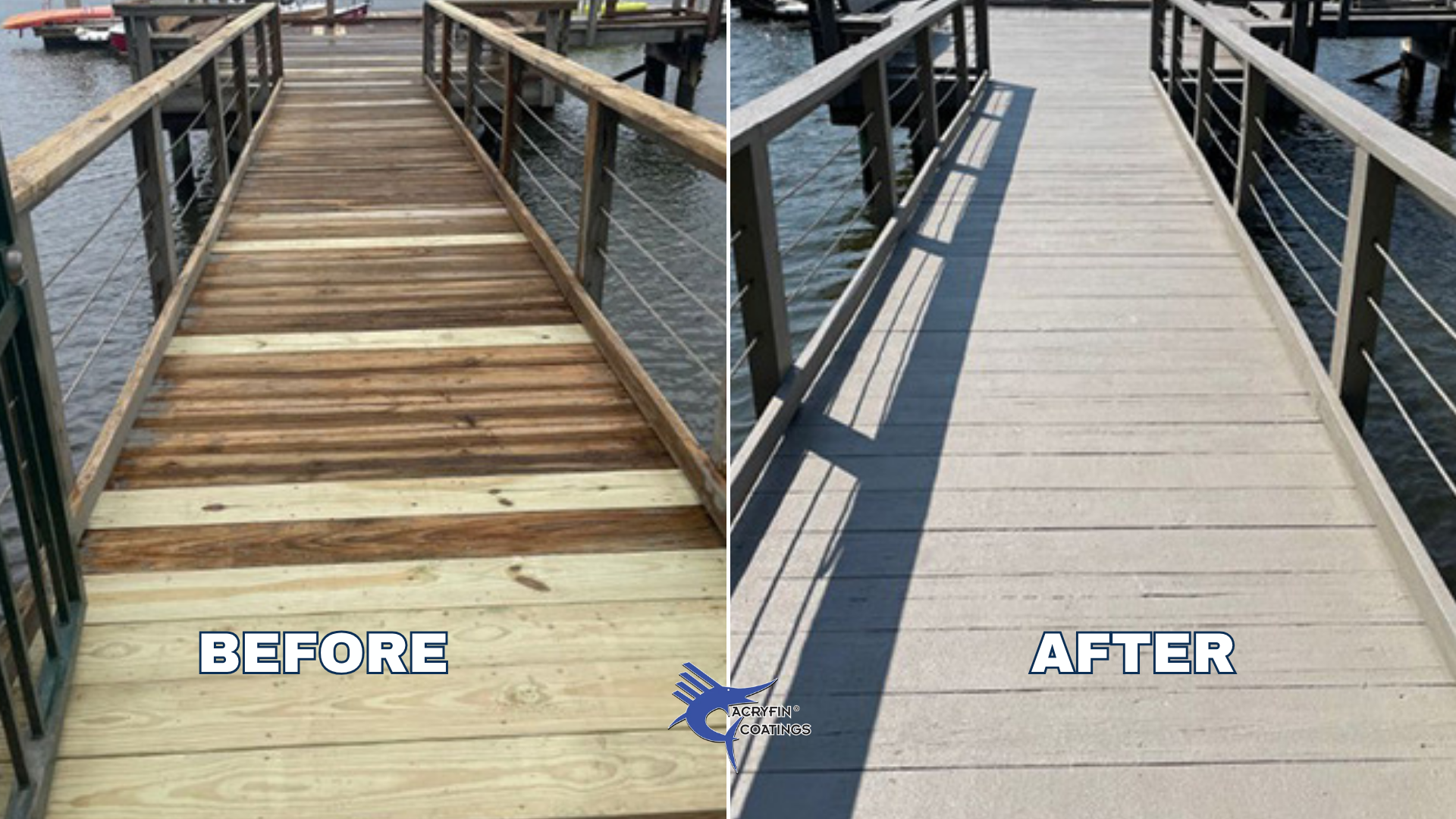 Side-by-side comparison of a wooden dock before and after a coating application. The "before" image shows a dock with weathered, stained, and darker wood planks. The "after" image shows the same dock with a light-colored, smooth, and clean surface, i