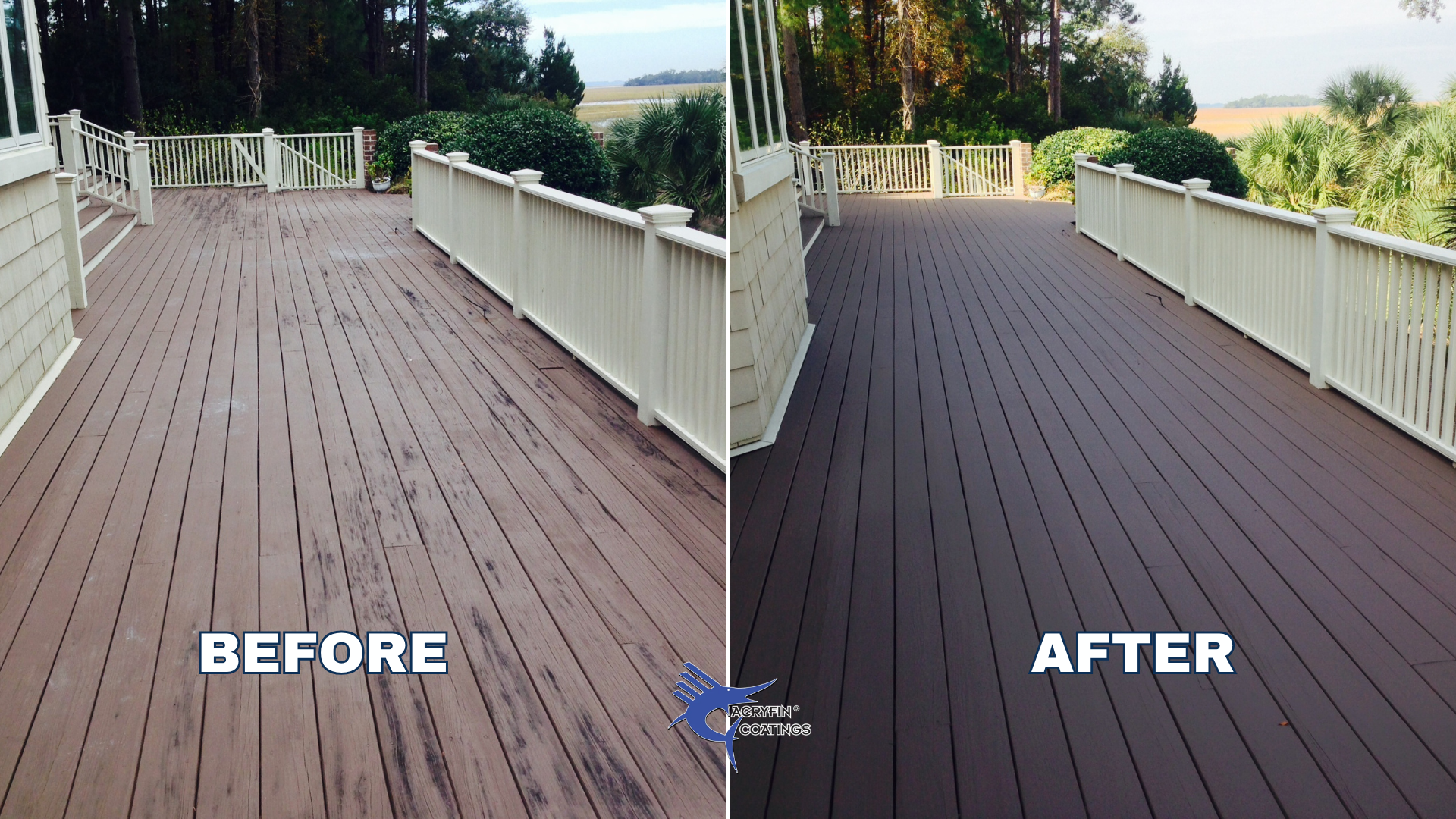 Split view of a wooden deck before and after restoration. The left side shows a deck with worn, weathered wood, while the right side displays the same deck with a fresh, dark stain finish. There are trees and shrubs in the background, and white railing surrounds the deck.