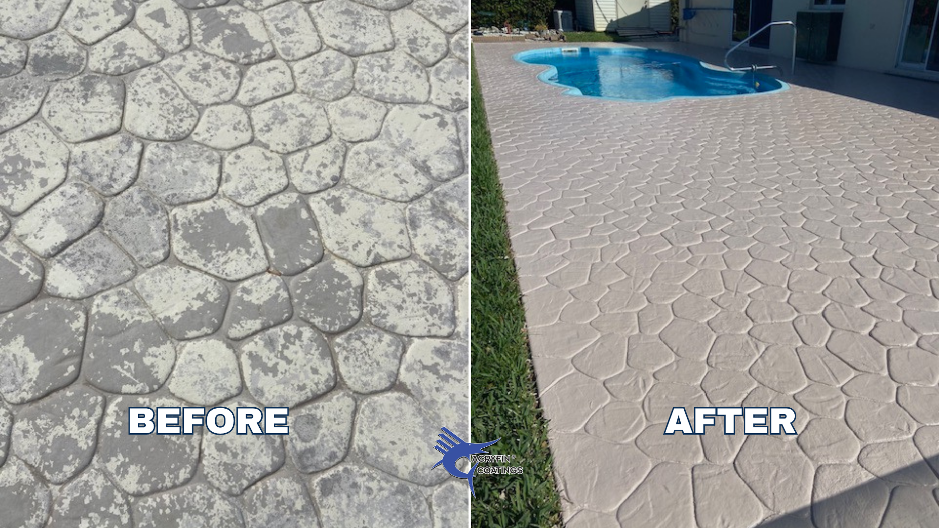 Side-by-side comparison of concrete surfaces before and after cleaning or sealing. The 'before' side shows a weathered, rough concrete with dirt and discoloration. The 'after' side shows a clean, fresh-looking, smoother surface with a pattern resembl