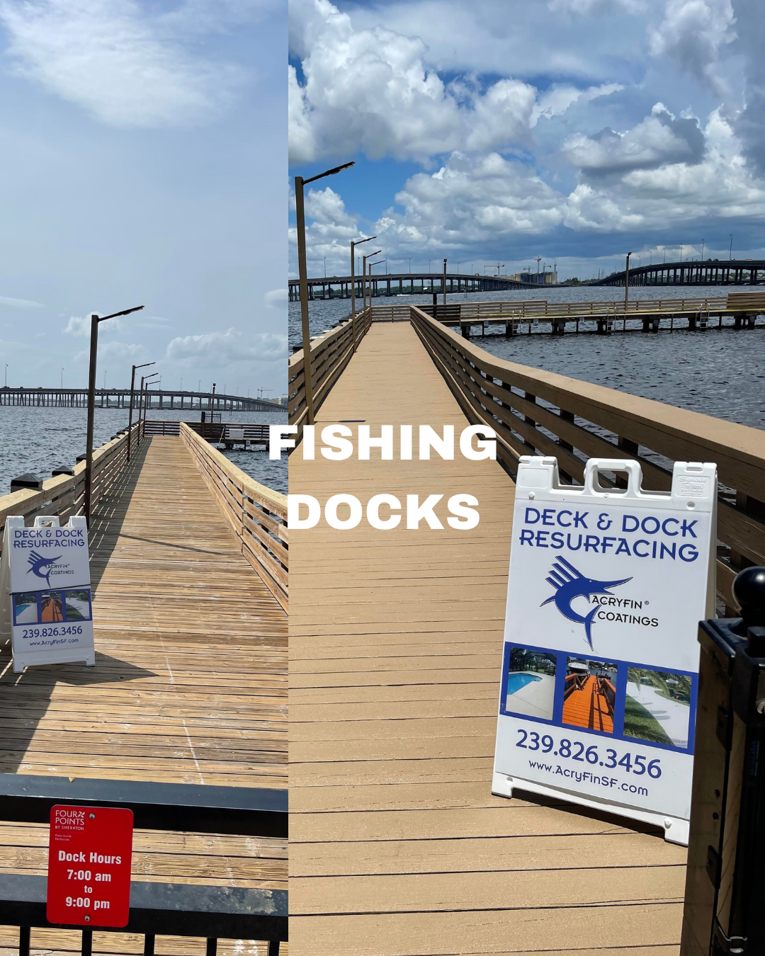 A scenic view of a wooden fishing dock extending over water, with signs advertising dock resurfacing services and dock hours from 7:00 am to 9:00 pm, under a partly cloudy sky.