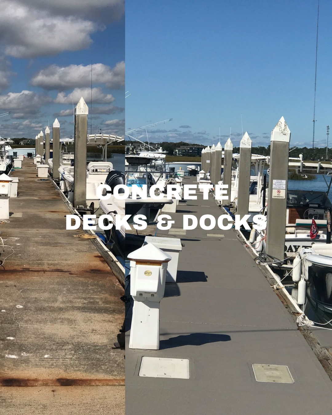 Side-by-side comparison of a boat dock, showing an older, weathered concrete section on the left and a newer, smooth concrete section on the right, with boats moored on both sides and a partly cloudy sky.
