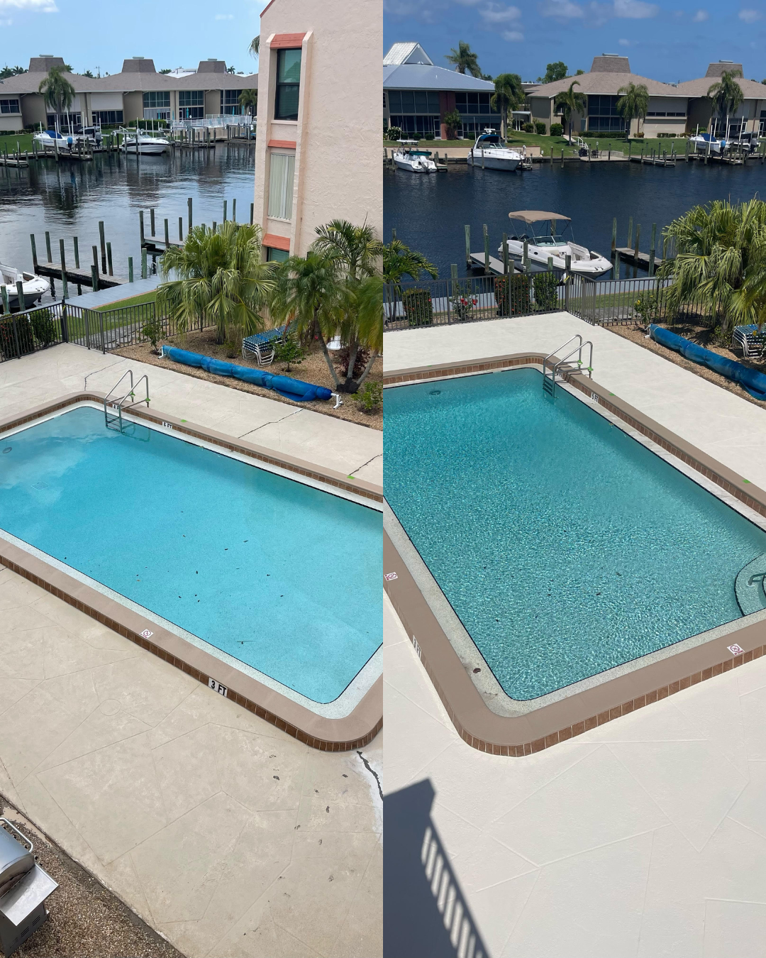 Comparison of a swimming pool before and after cleaning, showing the pool fully dirty on the left and clean on the right, with a waterfront view and boats in the background.
