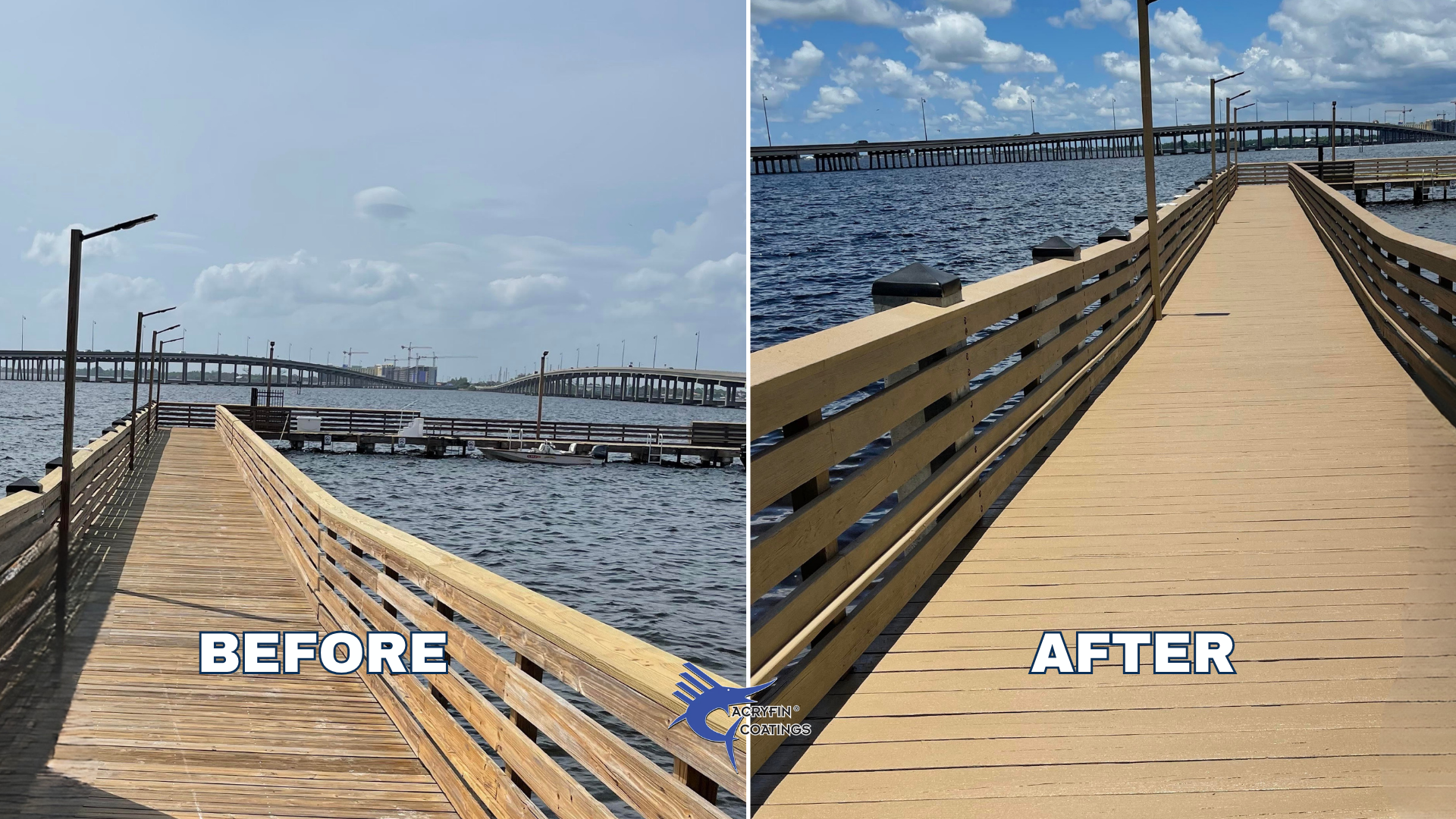 Comparison of a wooden pier before and after being coated with a protective finish. The left shows the worn, weathered look, while the right displays a smooth, clean, and finished surface.