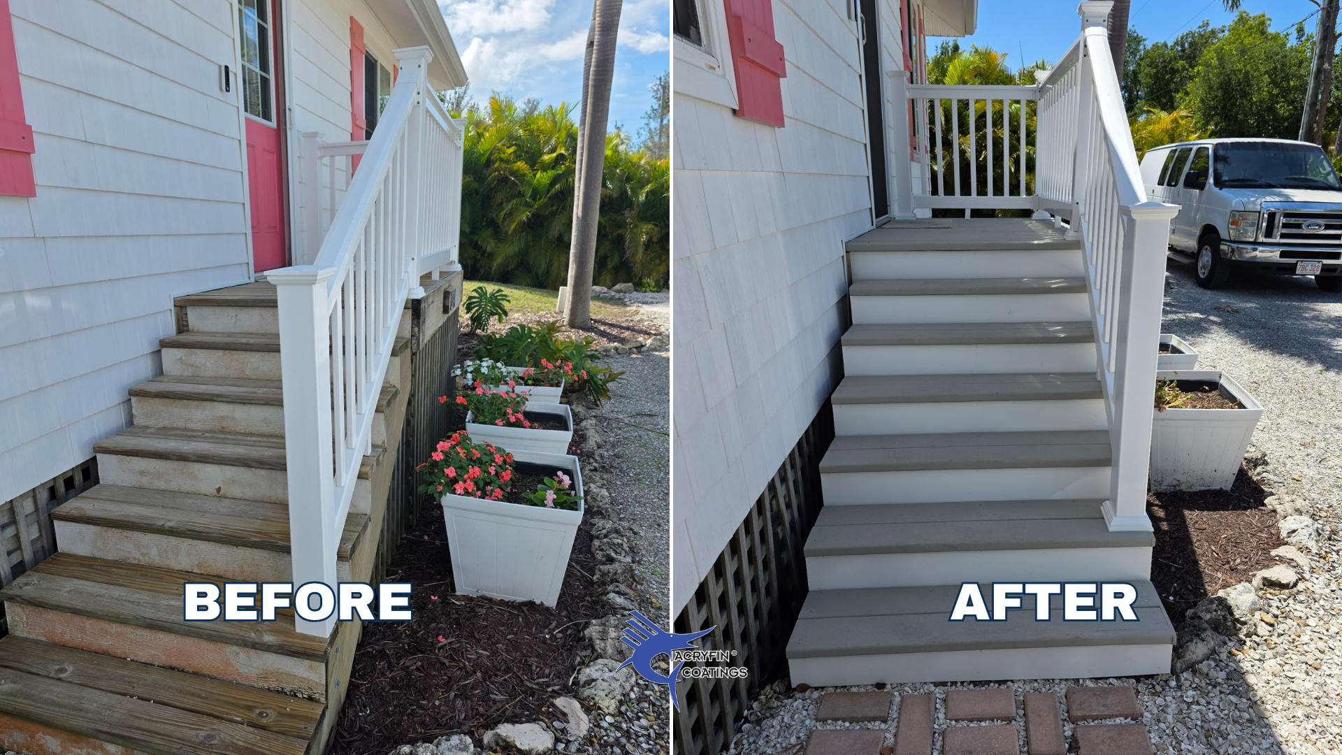 Side-by-side comparison of an outdoor staircase before and after cleaning and painting. The left side shows a weathered wooden staircase with chipped paint and dirt, while the right side shows a freshly painted white staircase with clean steps. Potte