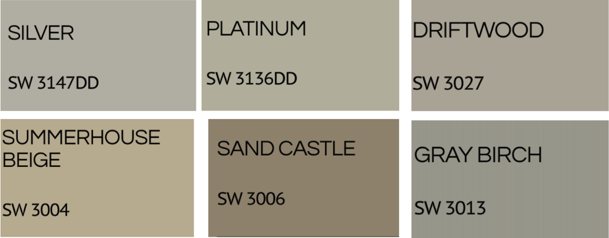 Color swatches with names and codes, including Silver, Platinum, Driftwood, Summerhouse Beige, Sand Castle, and Gray Birch.