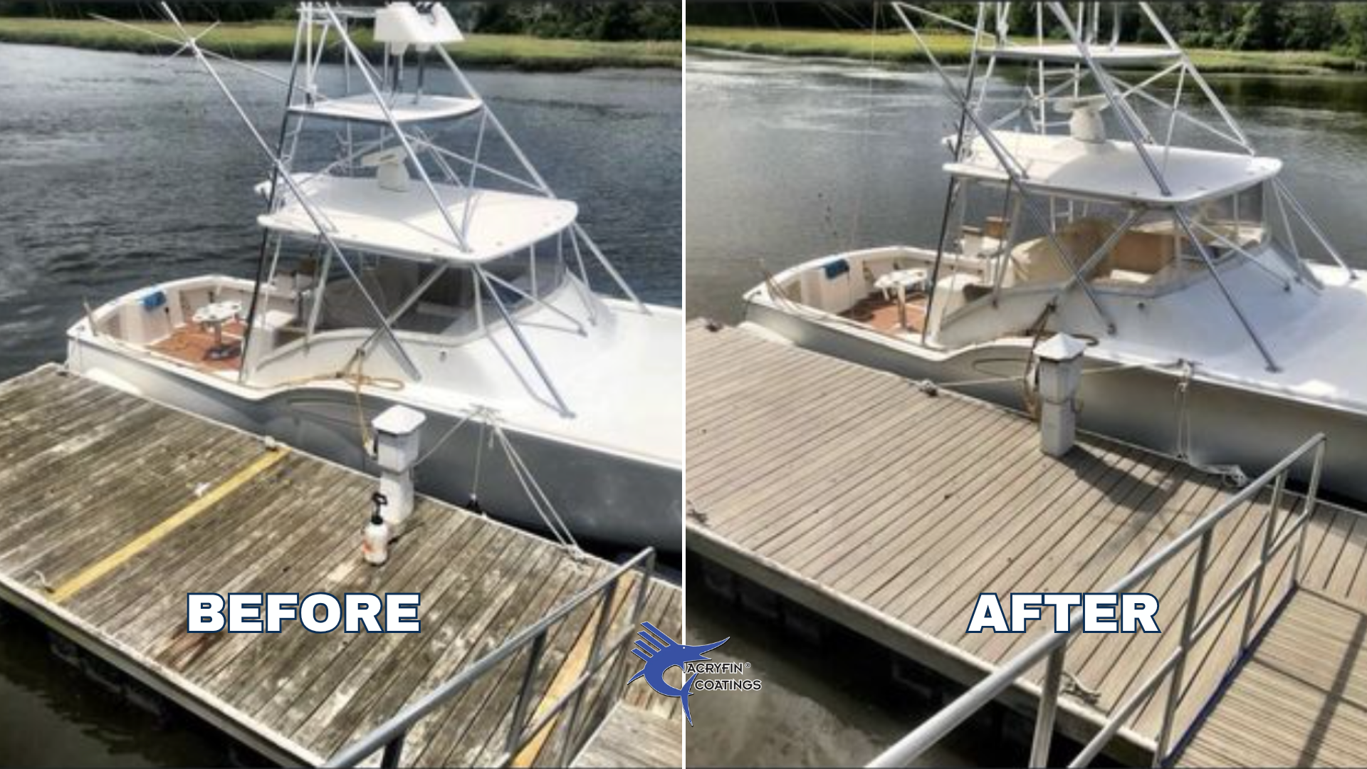 Comparison of a boat dock before and after cleaning and coating, with the "before" showing a dock with dirty and weathered wood and the "after" showing a clean, coated wooden dock.