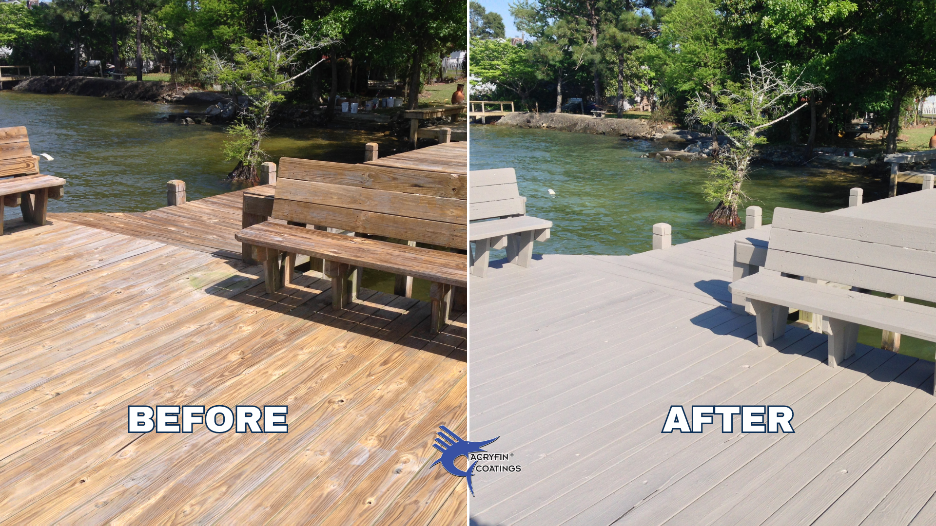 Comparison of a wooden dock before and after gray paint coating, with benches and water in the background.