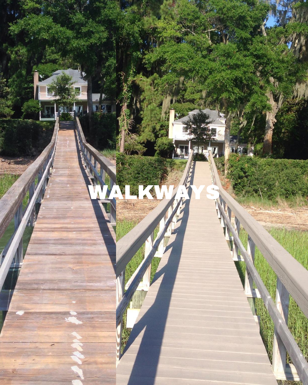 Comparison of two wooden walkways leading to a white house surrounded by trees, with the word "WALKWAYS" in the center.