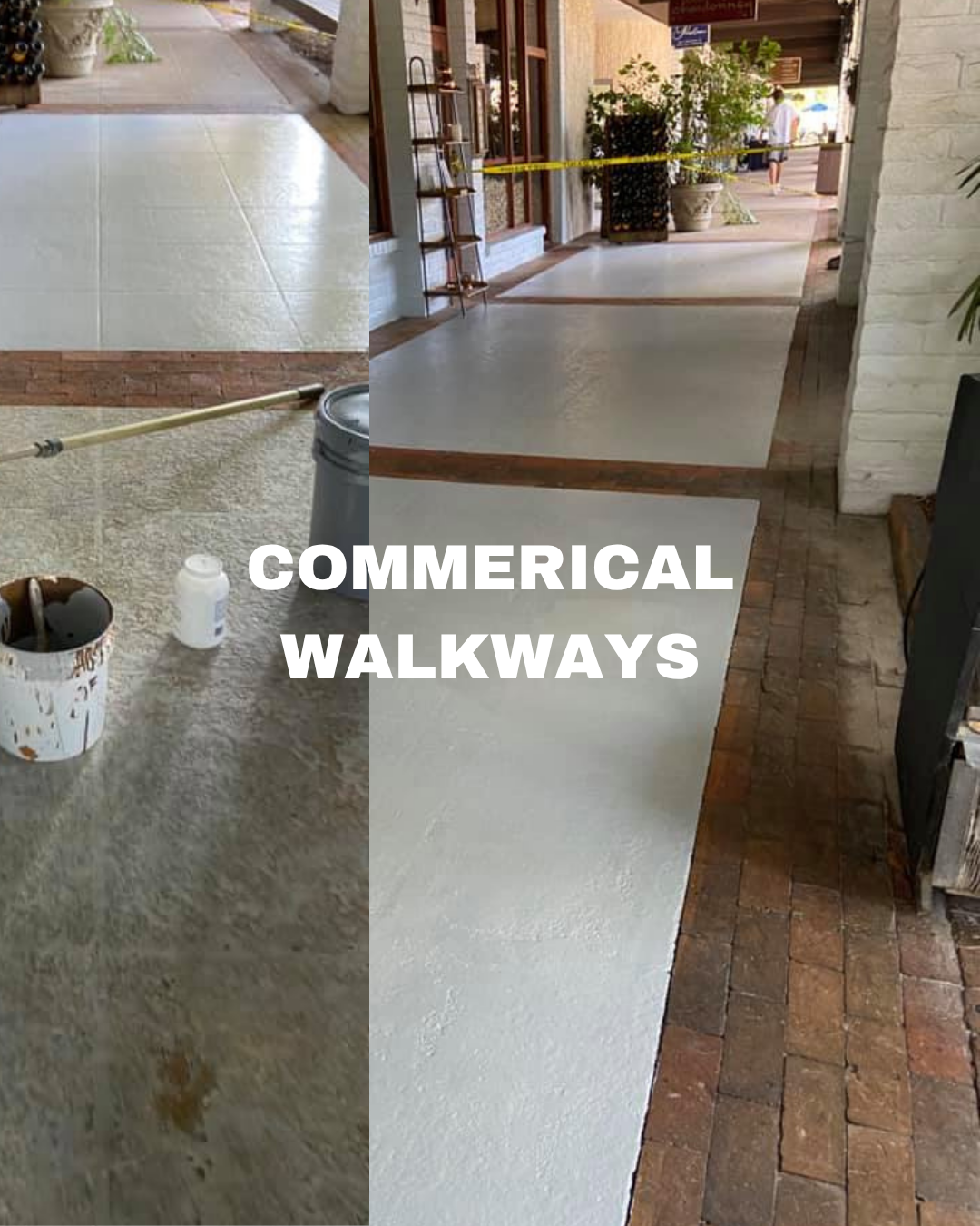 Before and after photos of a commercial walkway showing a transition from a rough textured surface to a smooth, painted surface, with some construction tools and materials visible.