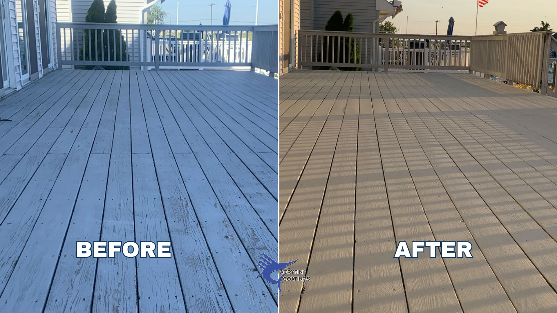 Comparison of a wooden deck before and after cleaning or refinishing. The left side shows a deck with weathered, painted surface with peeling paint, while the right side shows the same deck revitalized with a smooth, clean wood surface.