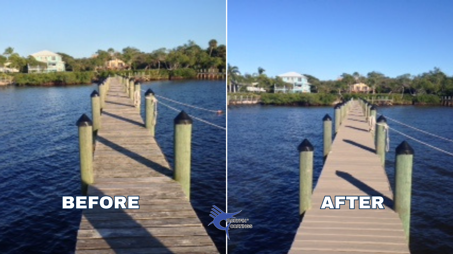 A split image showing a wooden dock over water with houses and trees in the background. The left side labeled 'BEFORE' appears dull, while the right side labeled 'AFTER' shows brighter, clearer colors indicating enhanced image quality.