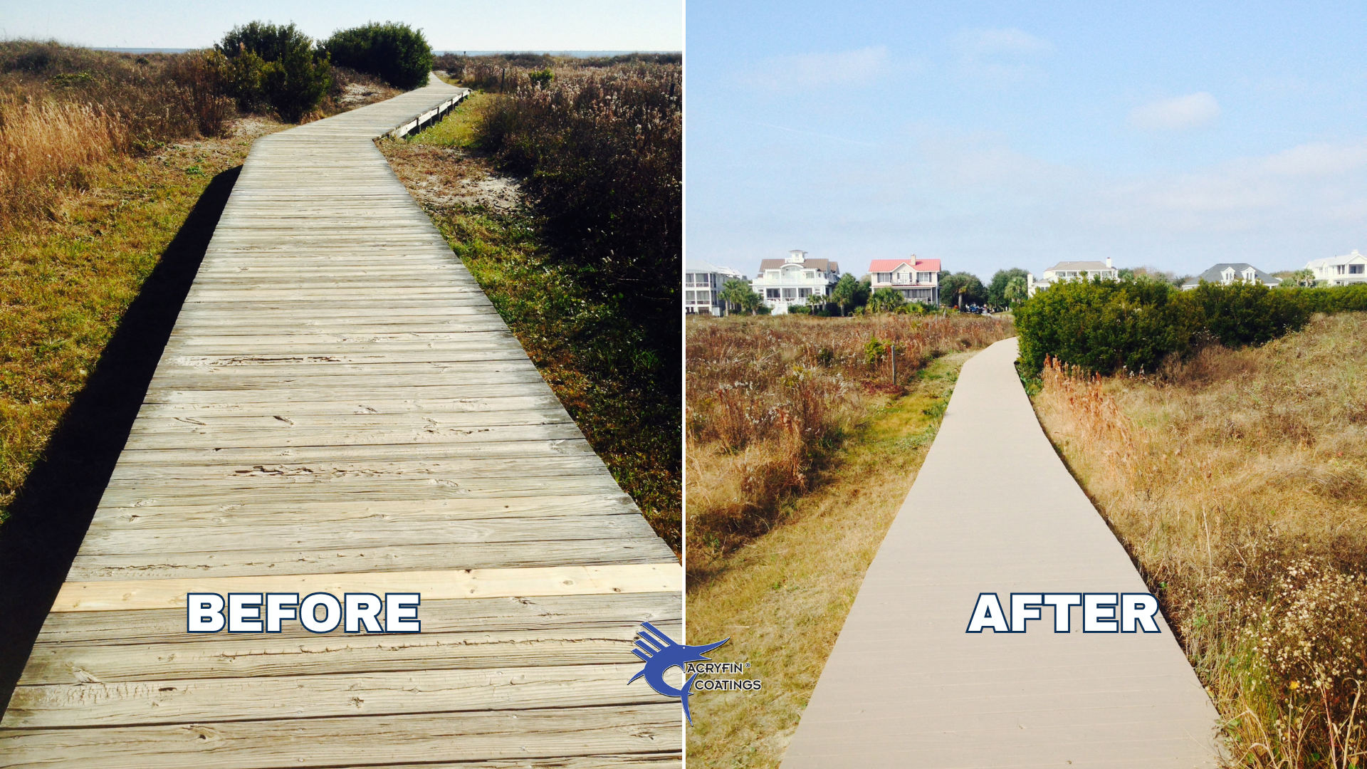 Comparison of a wooden and concrete walkway in a natural landscape with shrubs and houses in the background, labeled 'Before' and 'After'.