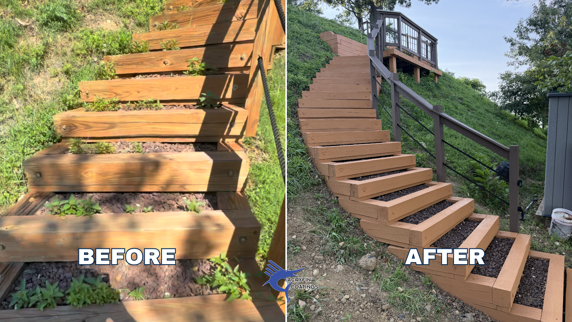Side-by-side comparison of a wooden staircase before and after coating. The left shows an old, weathered staircase with uneven, cracked wood and overgrown weeds below. The right shows a newly coated staircase with smooth, uniform wood and a clean appearance, with railing and surrounding greenery.