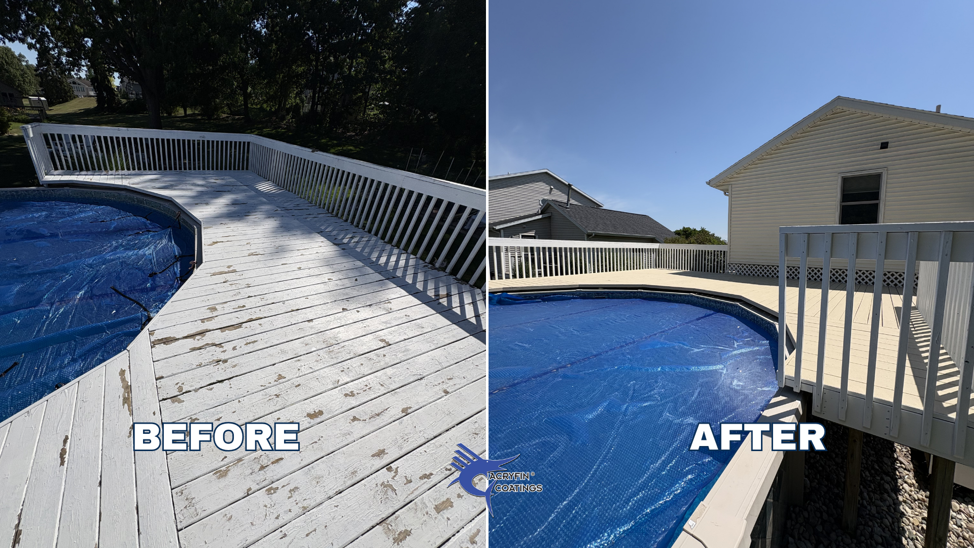 Comparison image showing a before and after renovation of a backyard pool deck. The left side displays a weathered, peeling white wooden deck, while the right side shows a newly painted, clean white deck surrounding a pool, with a suburban house in t