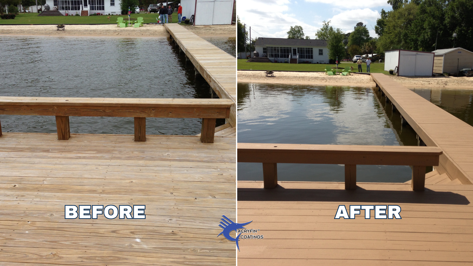 Comparison photo showing before and after images of a wooden dock. The before picture features a natural, untreated wooden surface, while the after picture shows the dock coated with a protective finish, giving it a more polished look. The background