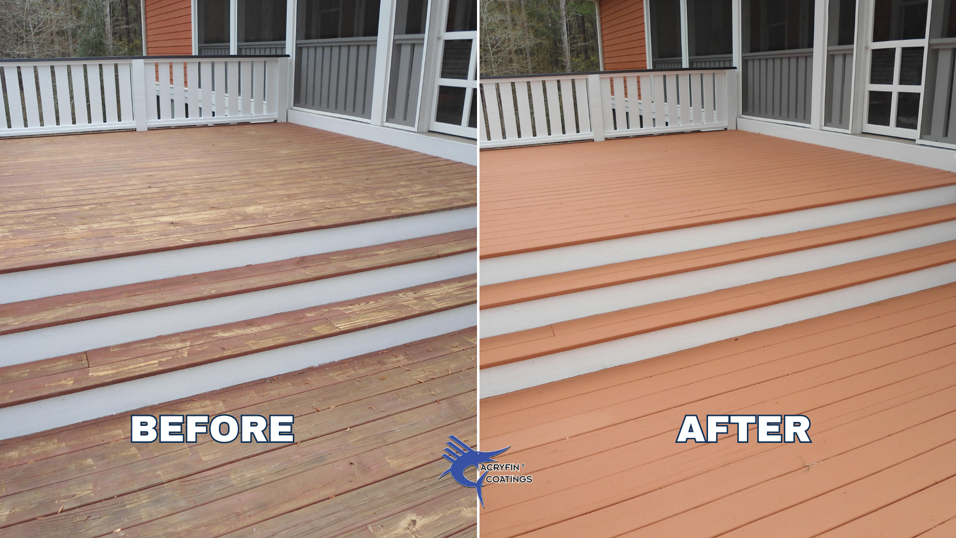 A side-by-side comparison of a wooden porch before and after applying a wood stain and coating. The left side shows weathered, stained wood, and the right side shows a smooth, freshly stained and sealed surface.