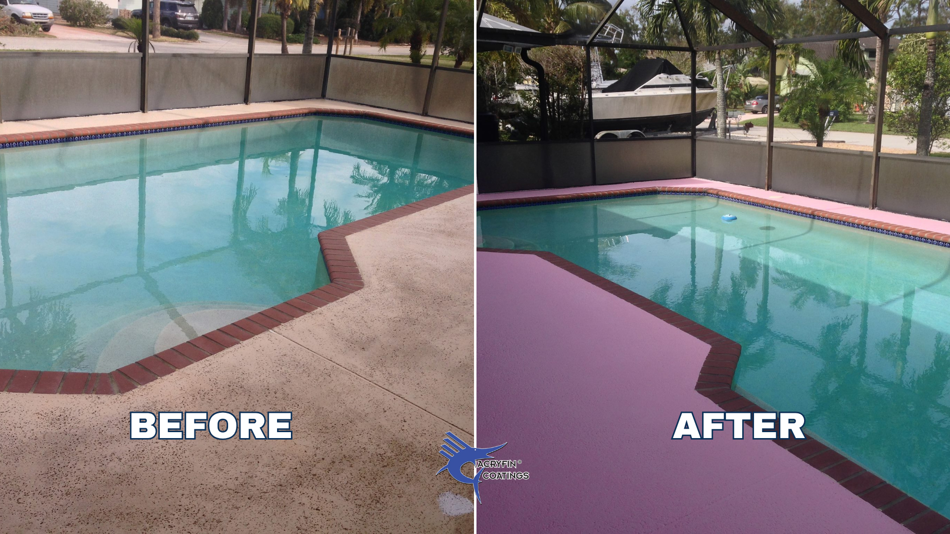 Side-by-side comparison of a swimming pool area before and after resurfacing. The 'before' shows a plain concrete deck and a clear blue pool, while the 'after' displays a pink painted deck with the same pool. The area is enclosed with screens and there are trees and vehicles outside.
