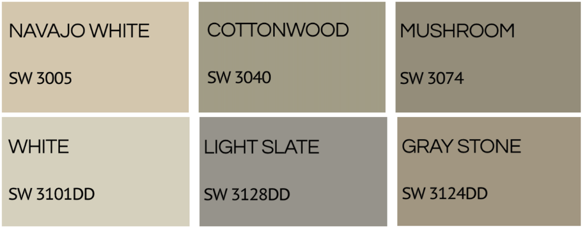 Color palette with six paint color swatches labeled Navajo White, Cottonwood, Mushroom, White, Light Slate, and Gray Stone, each with a color code.