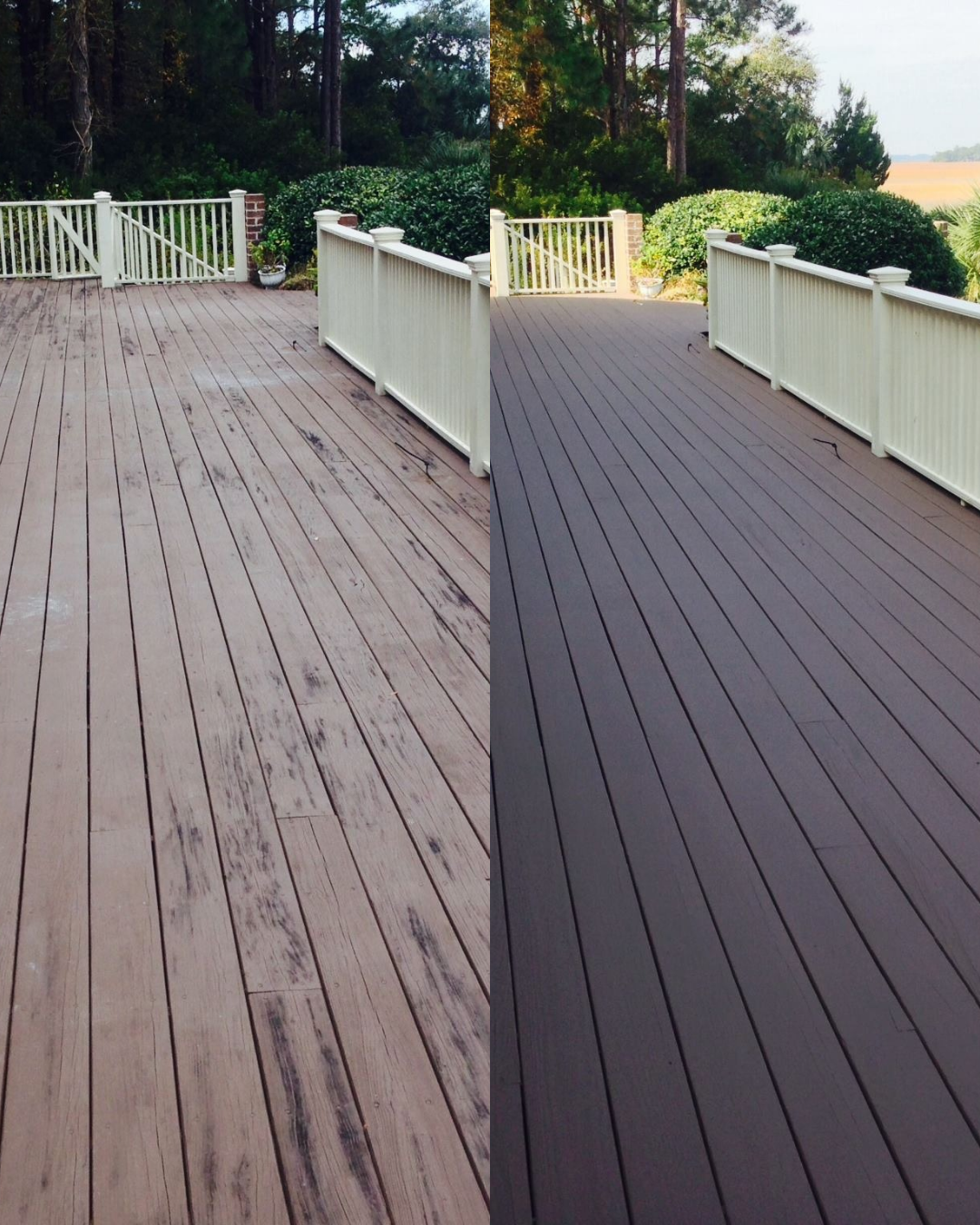 Side-by-side comparison of a wooden deck, showing it before and after cleaning or staining, with a white railing and green bushes in the background.