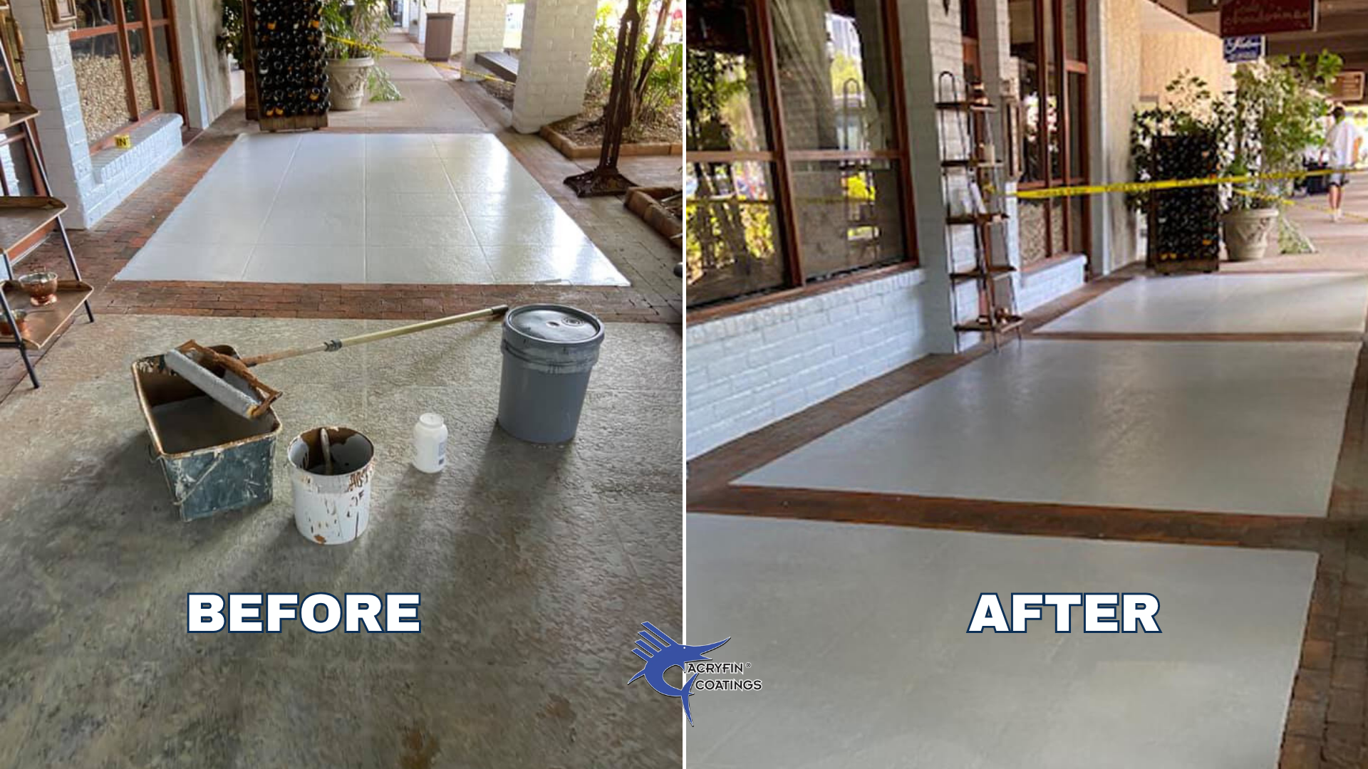Side-by-side comparison of a restaurant or cafe porch area before and after applying a fresh coat of sealant or paint. The 'before' side shows a porch floor with construction supplies and a partially painted surface, while the 'after' side displays a